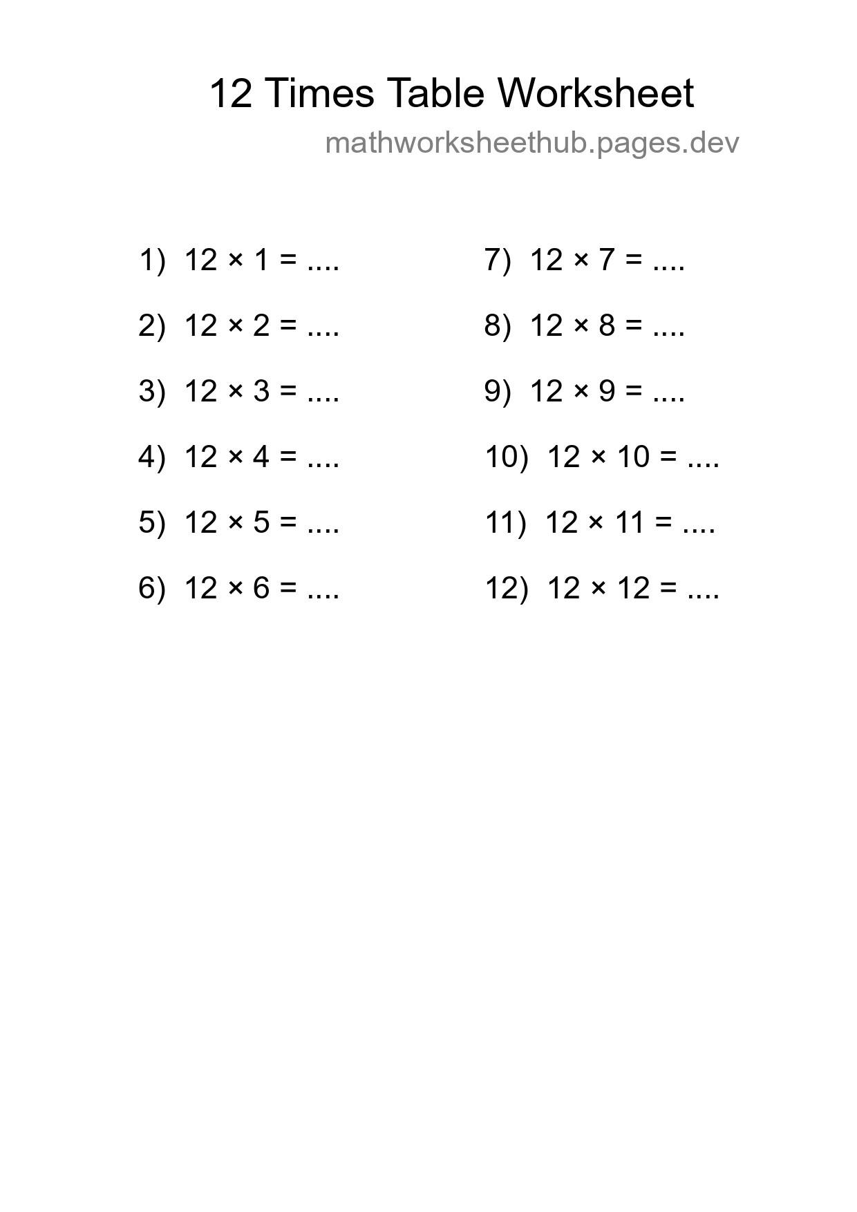 12 Times Table Worksheet For Grade 4 - Part 9