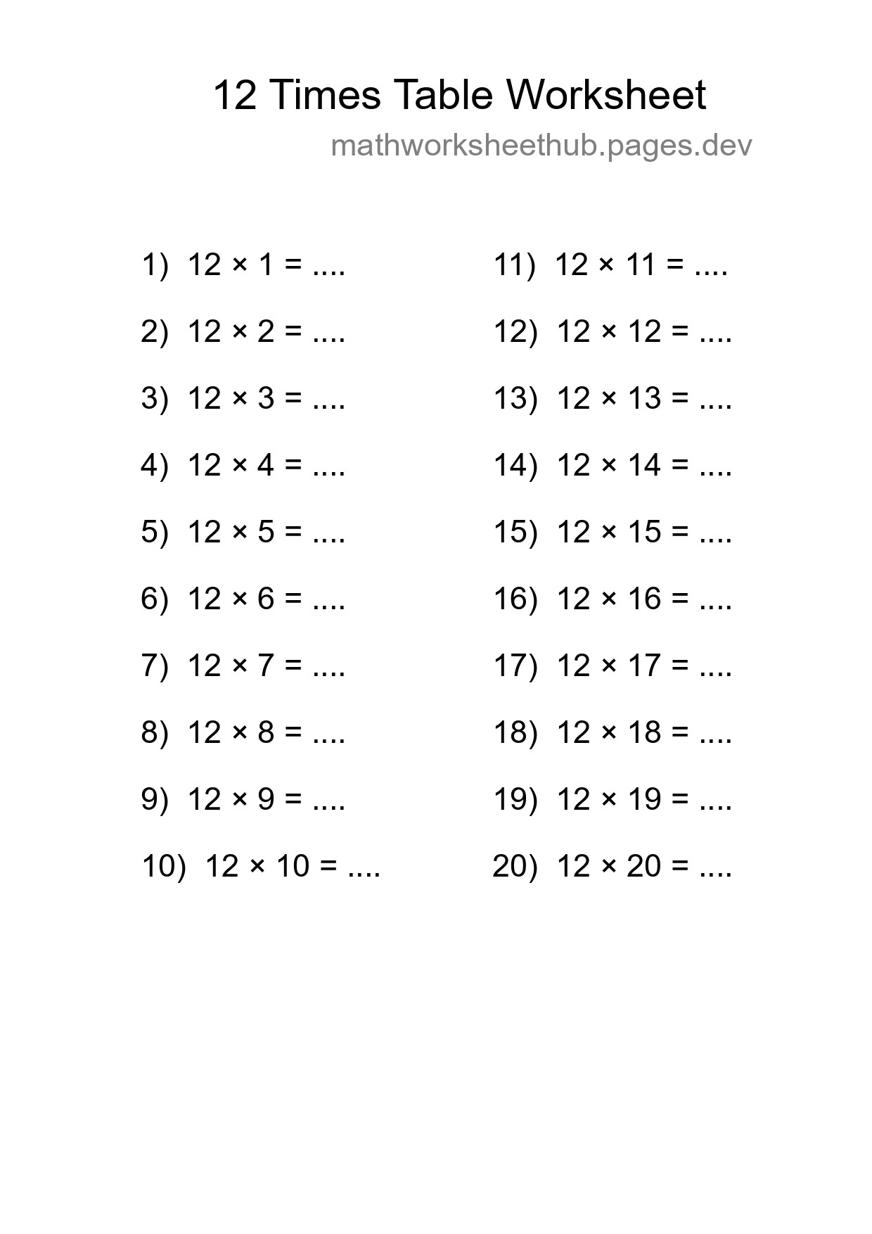 12 Times Table Worksheet For Grade 4 - Part 99