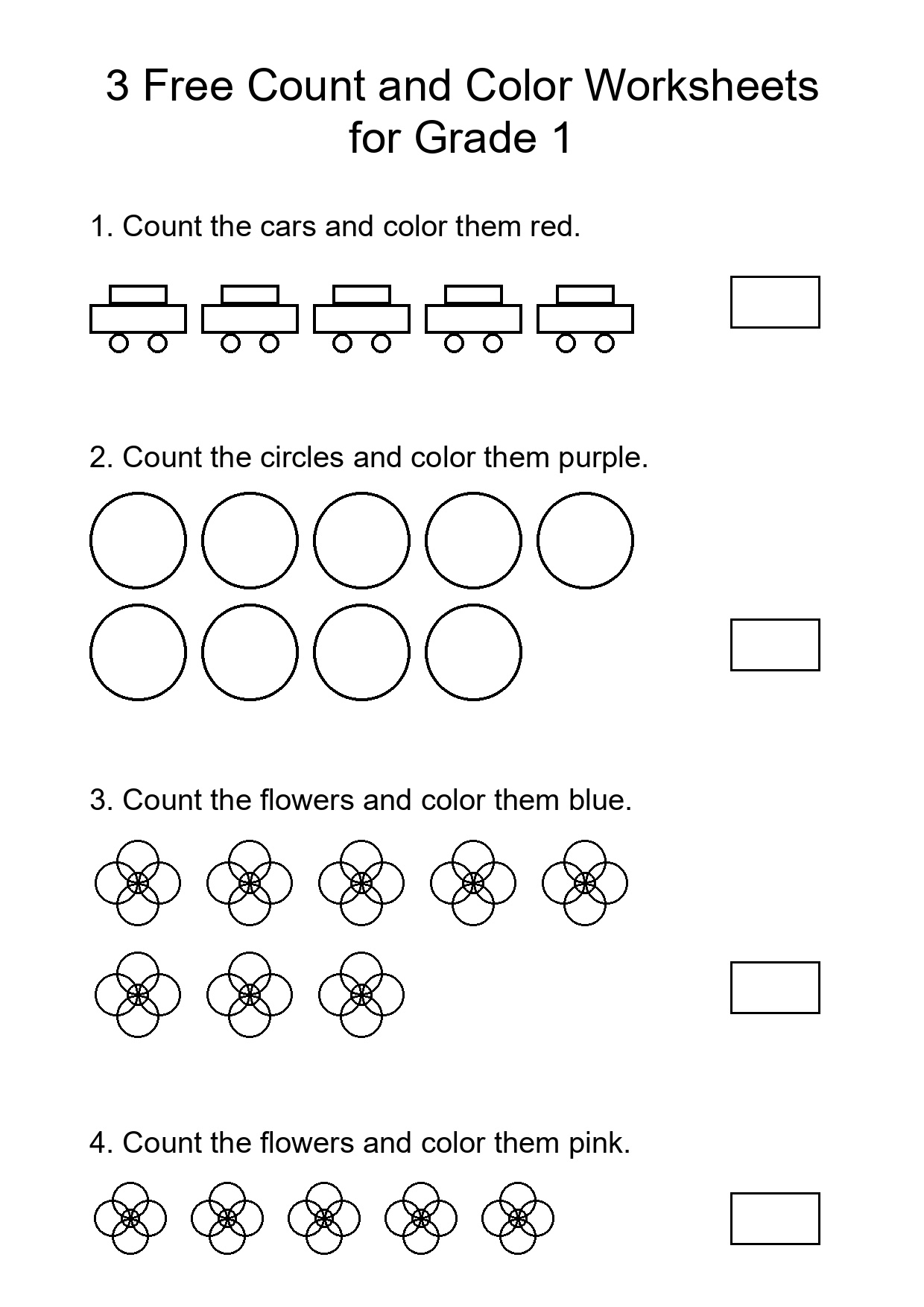 3 Free Count and Color Worksheets for Grade 1