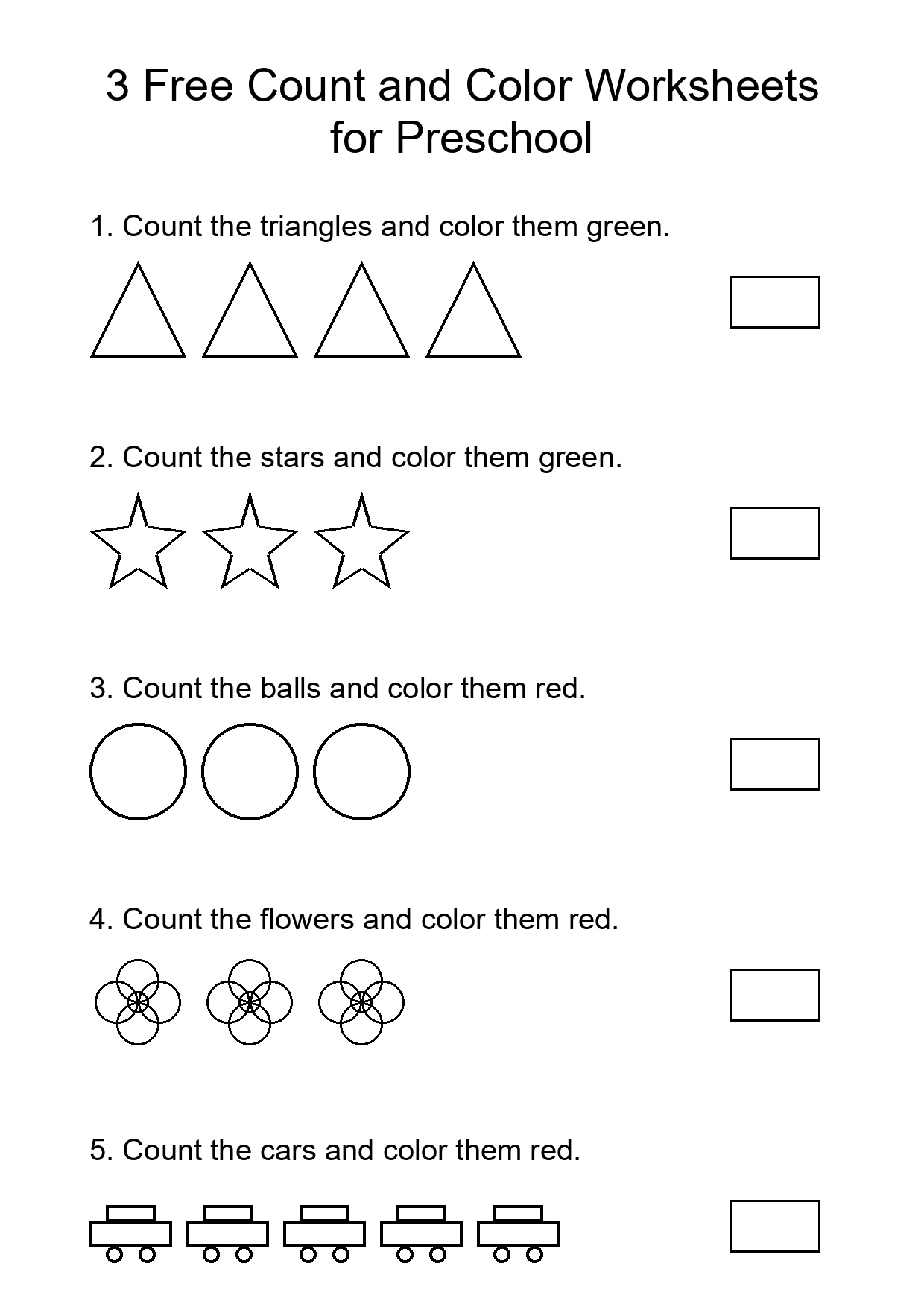 3 Free Count and Color Worksheets for Preschool