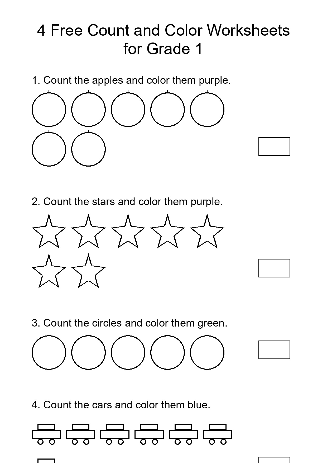 4 Free Count and Color Worksheets for Grade 1