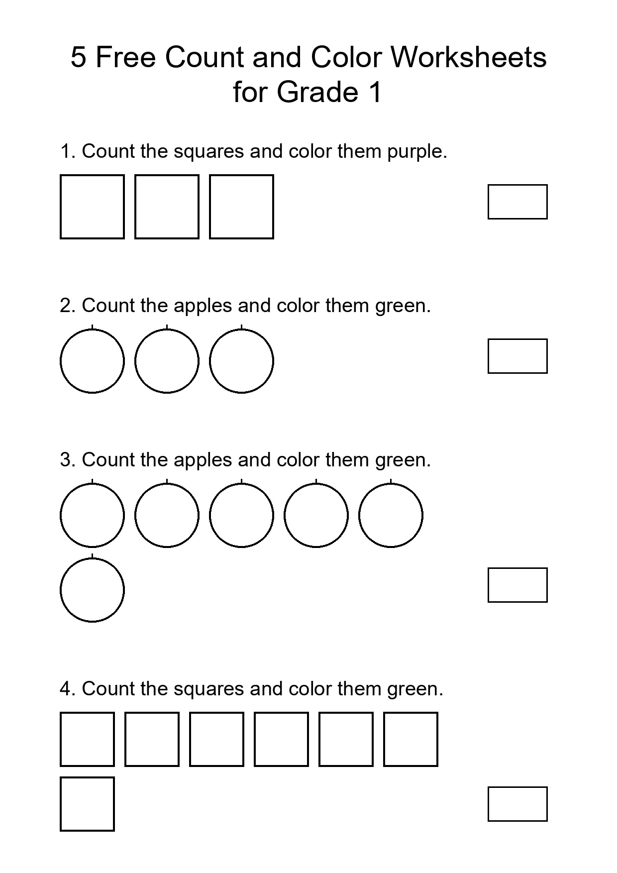 5 Free Count and Color Worksheets for Grade 1