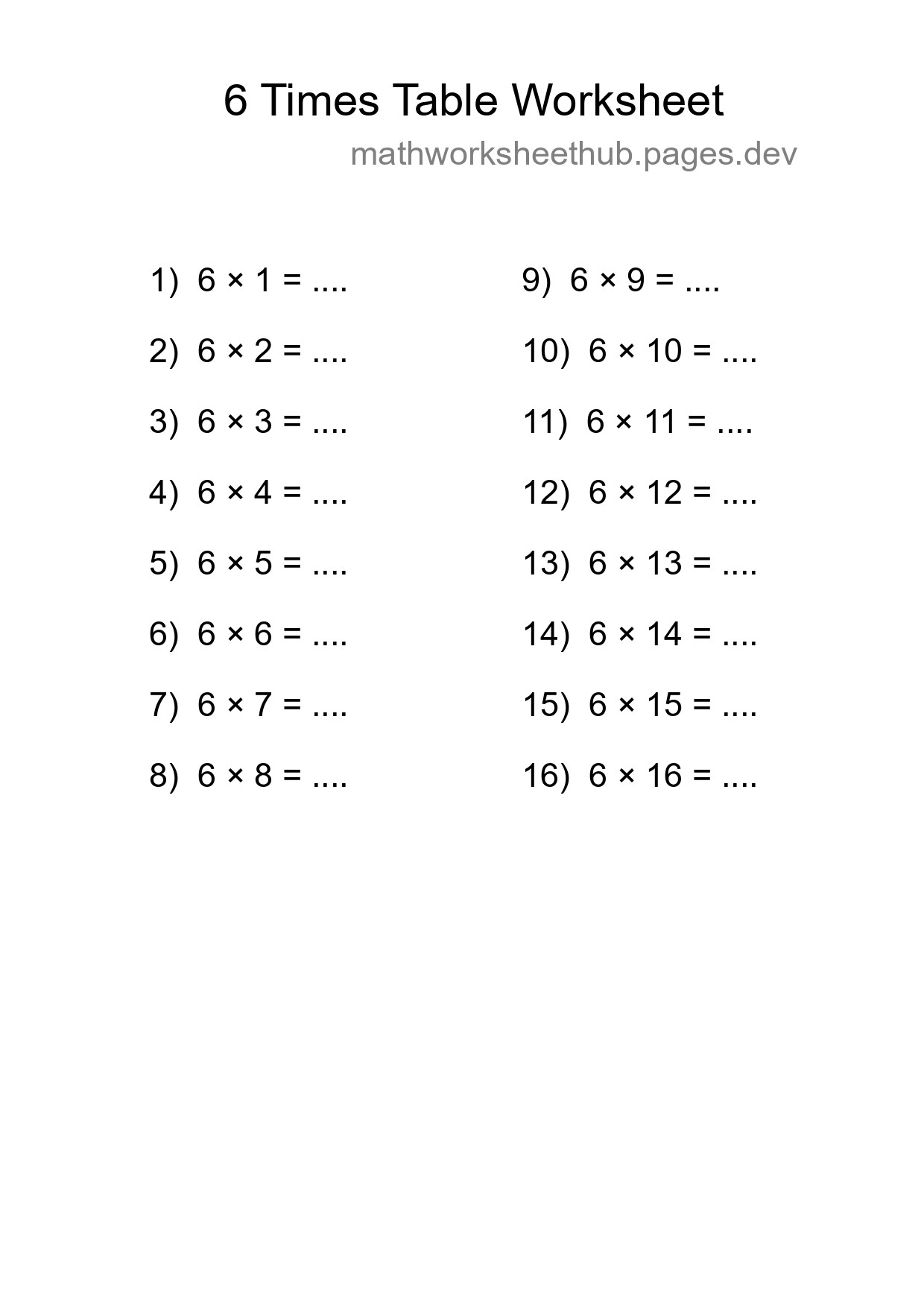 6 Times Table Worksheet For Grade 3 - Part 59