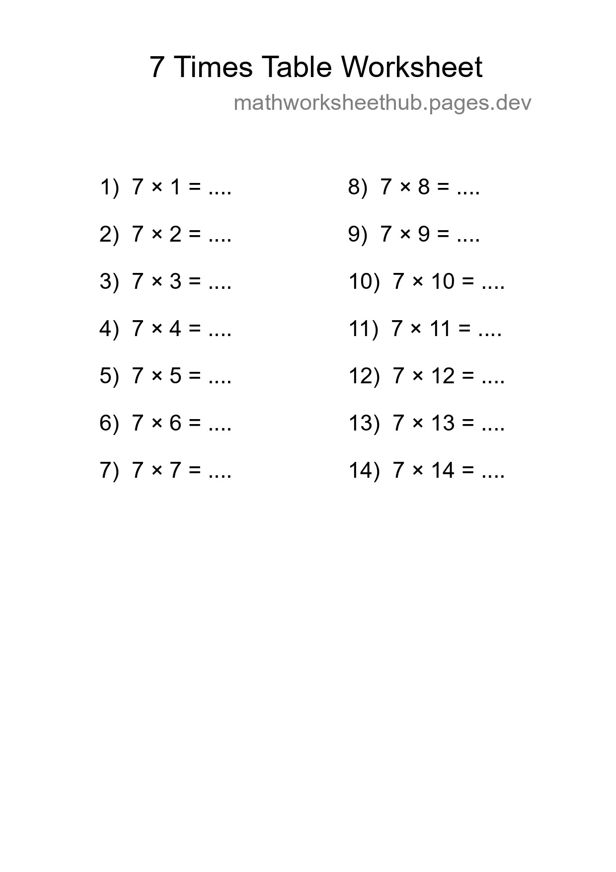 7 Times Table Worksheet For Grade 3 With Answers - Part 79