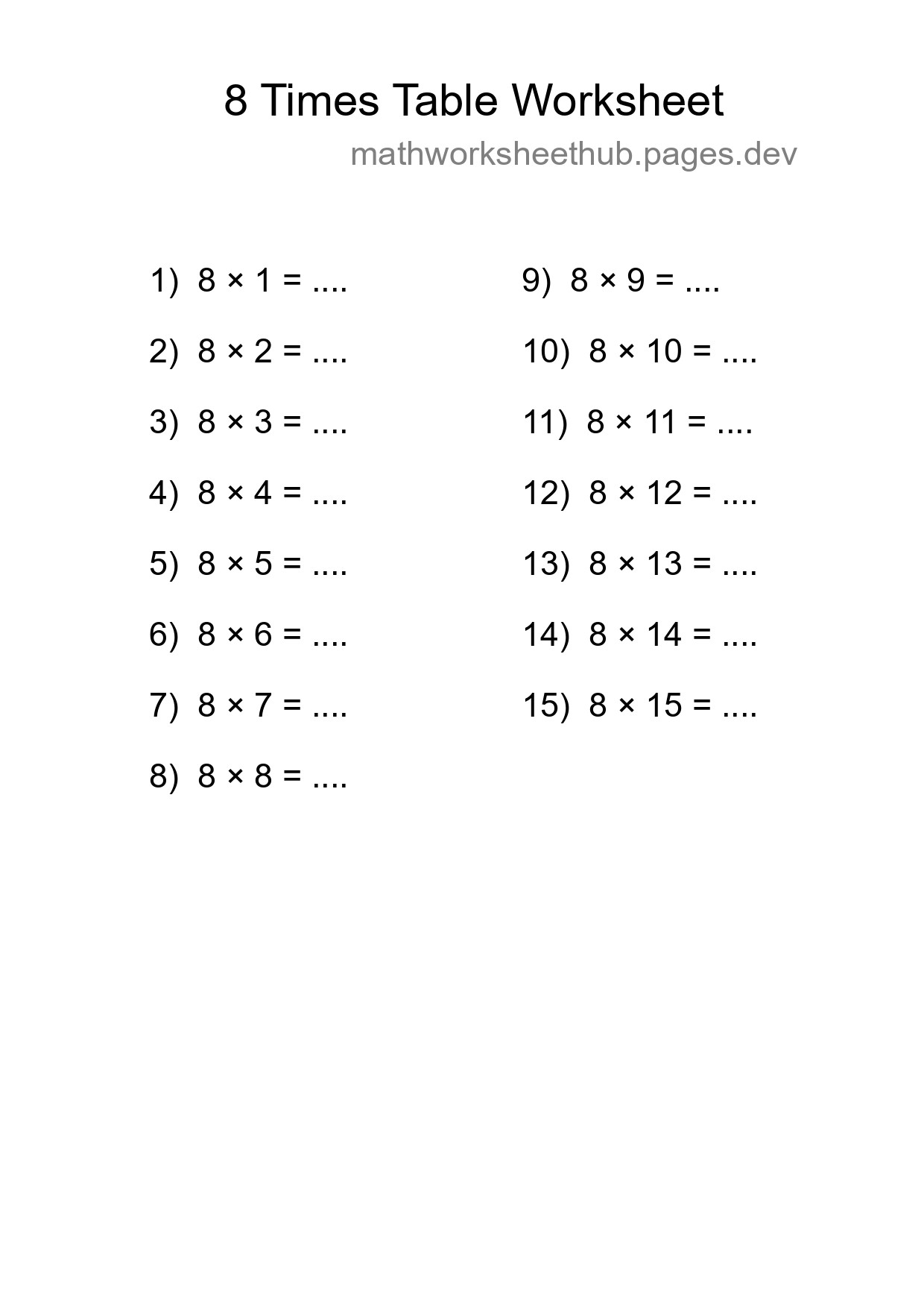 8 Times Table Worksheet For Grade 3 With Answers - Part 159