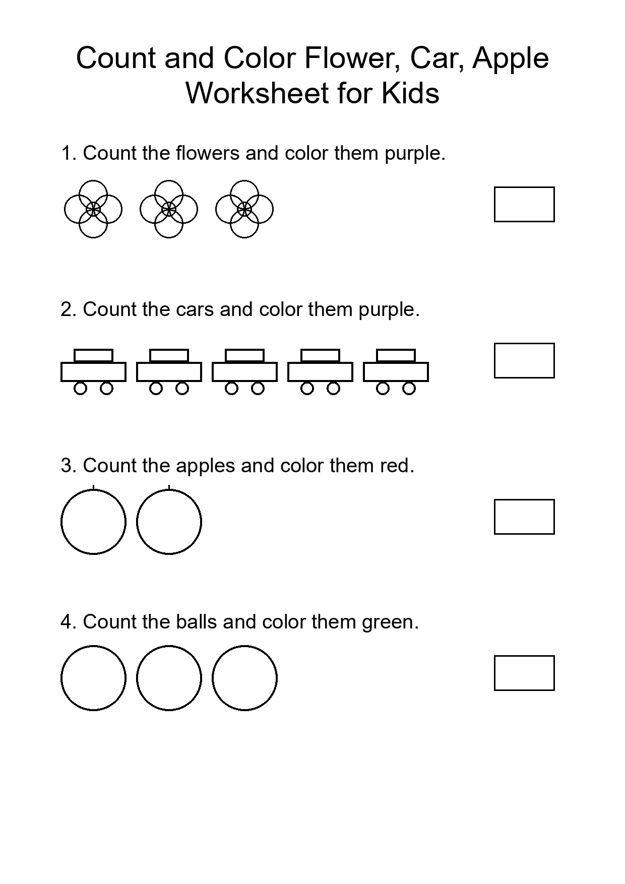 Count and Color Flower, Car, Apple Worksheet for Kids