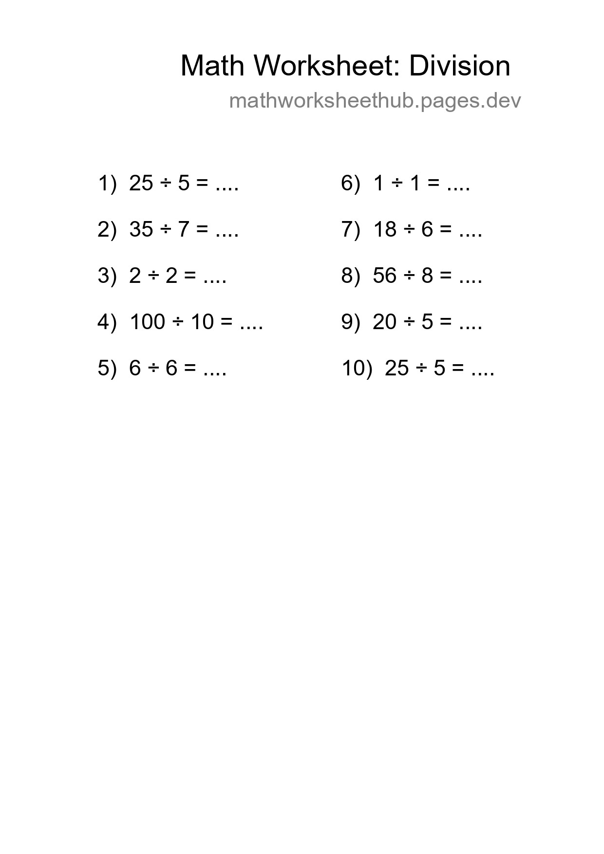 Free 10 Division Math Worksheet For Grade 1 - Part 194