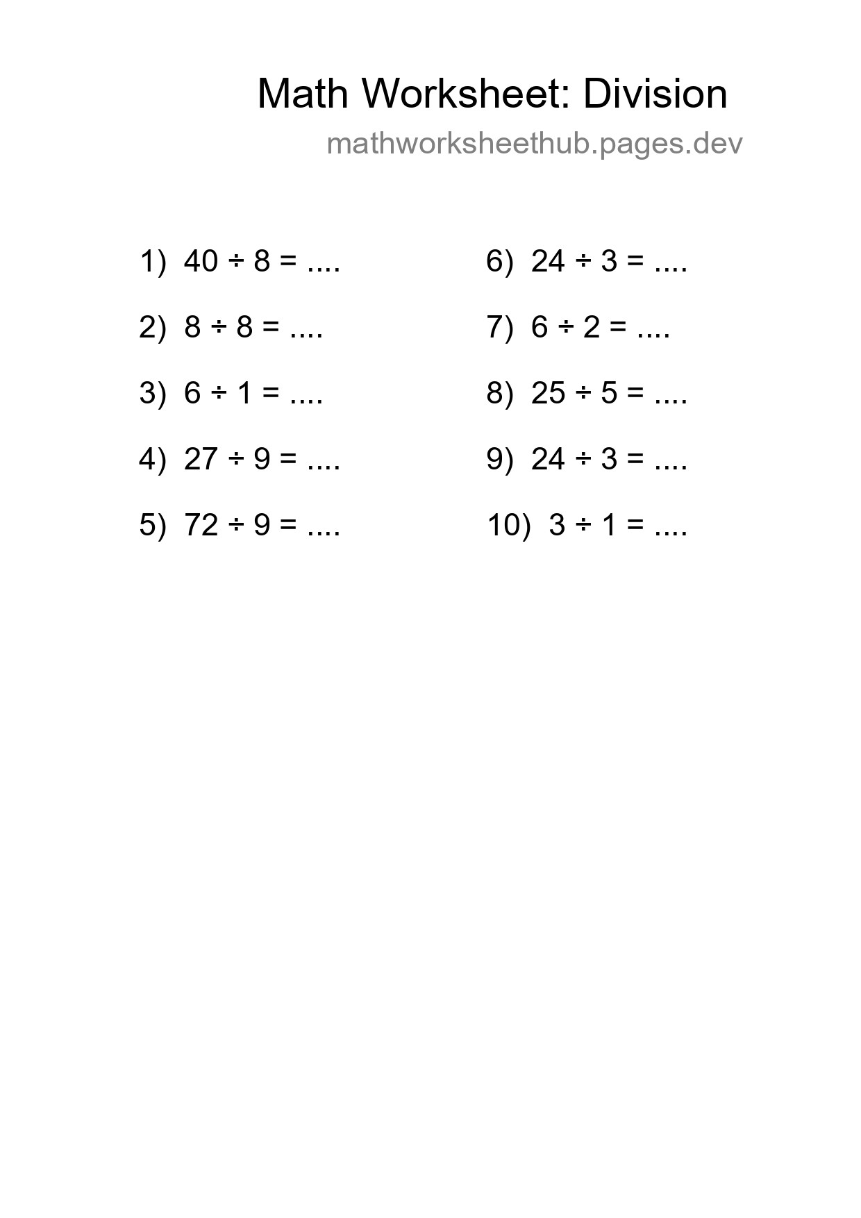 Free 10 Division Math Worksheet For Grade 1 With Answers - Part 134