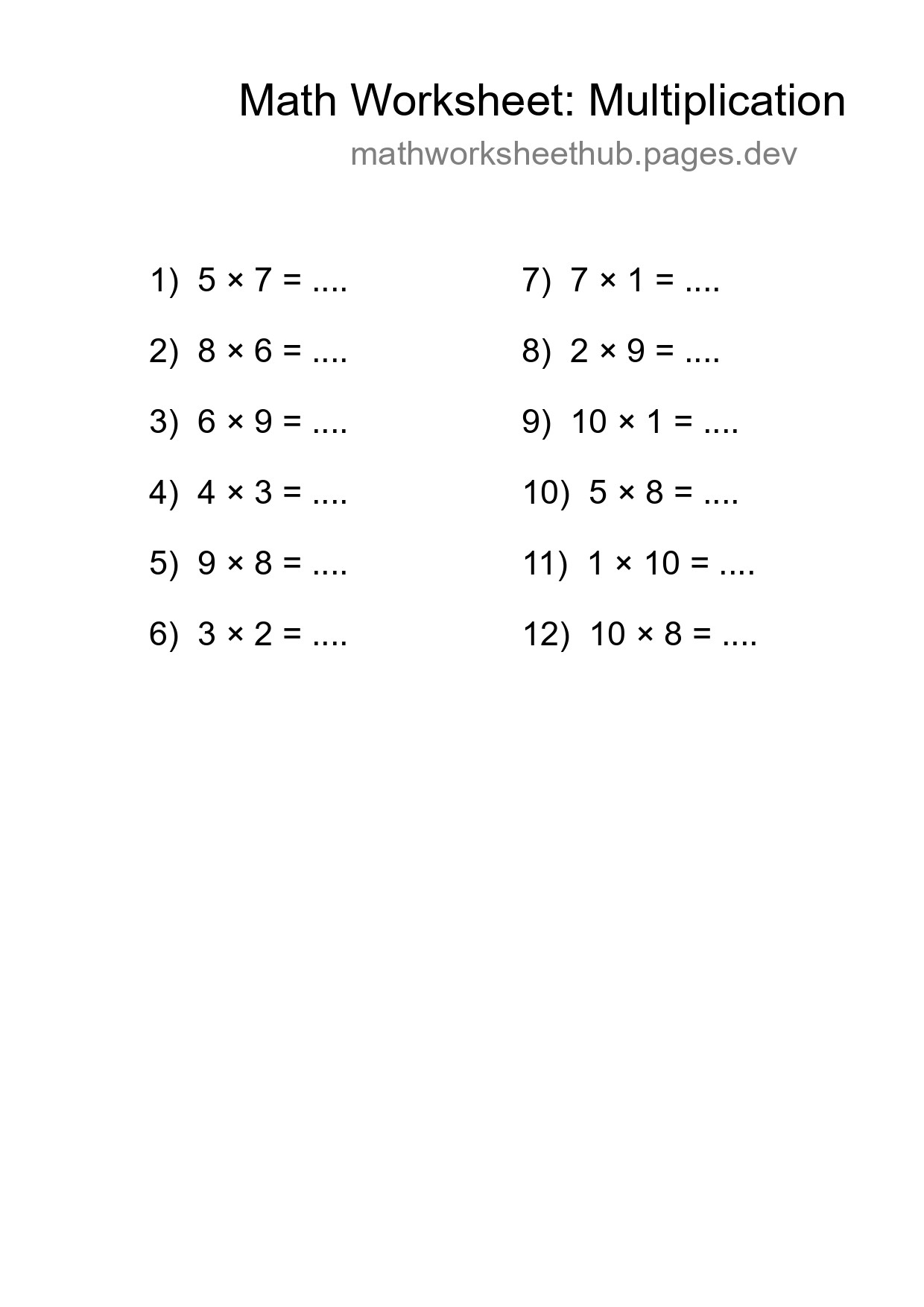Free 12 Multiplication Math Worksheet For Grade 1 With Answers - Part 27