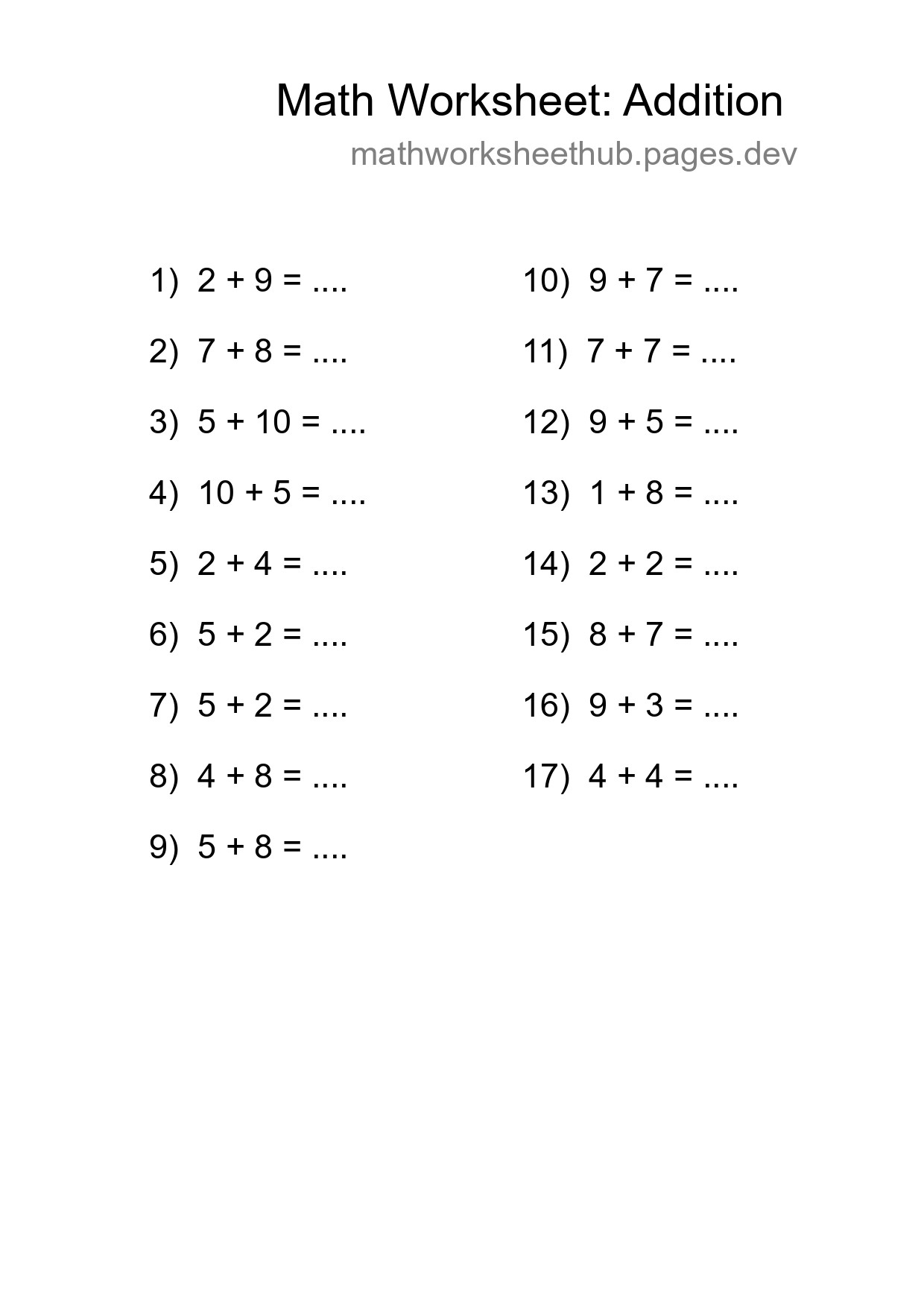 Free 17 Addition Math Worksheet For Grade 1 - Part 171