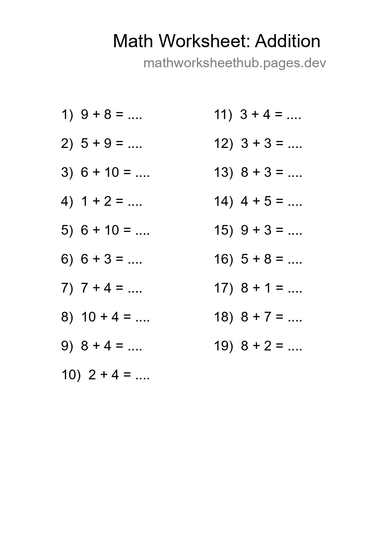 Free 19 Addition Math Worksheet For Grade 1 With Answers - Part 161