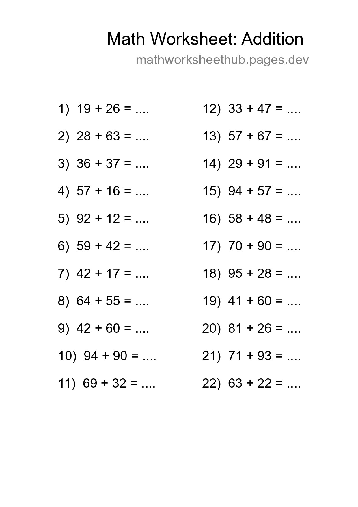 Free 22 Addition Math Worksheet For Grade 3
