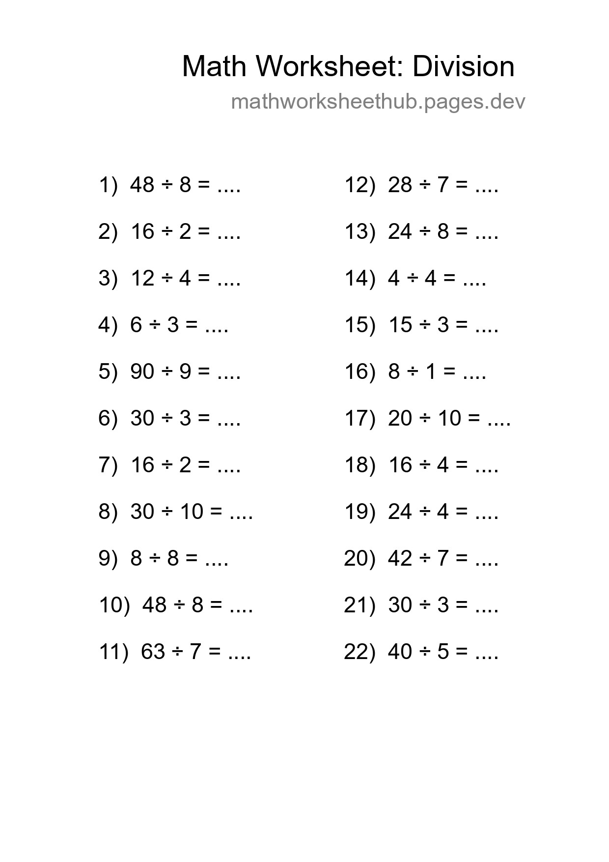 Free 22 Division Math Worksheet For Grade 1 With Answers - Part 84
