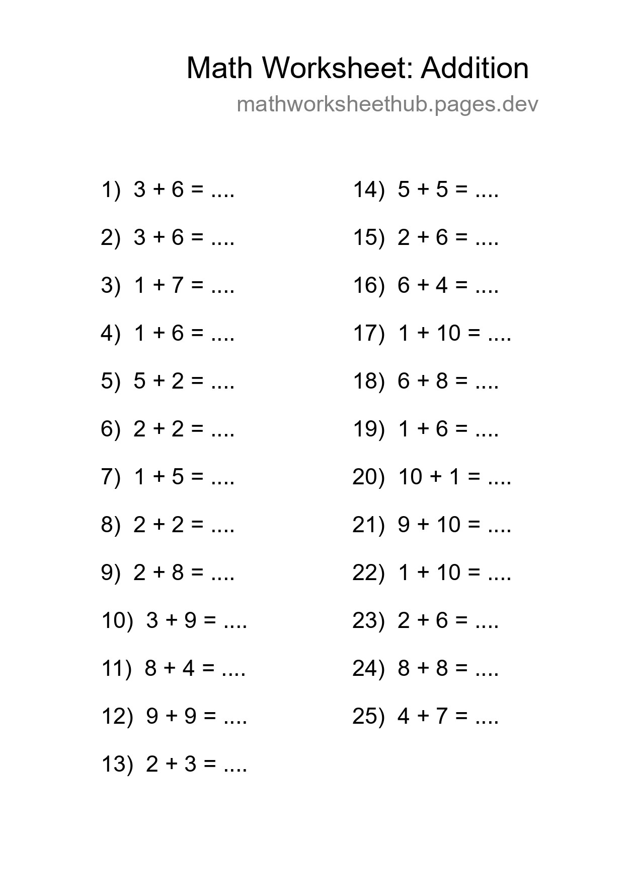 Free 25 Addition Math Worksheet For Grade 1 - Part 271