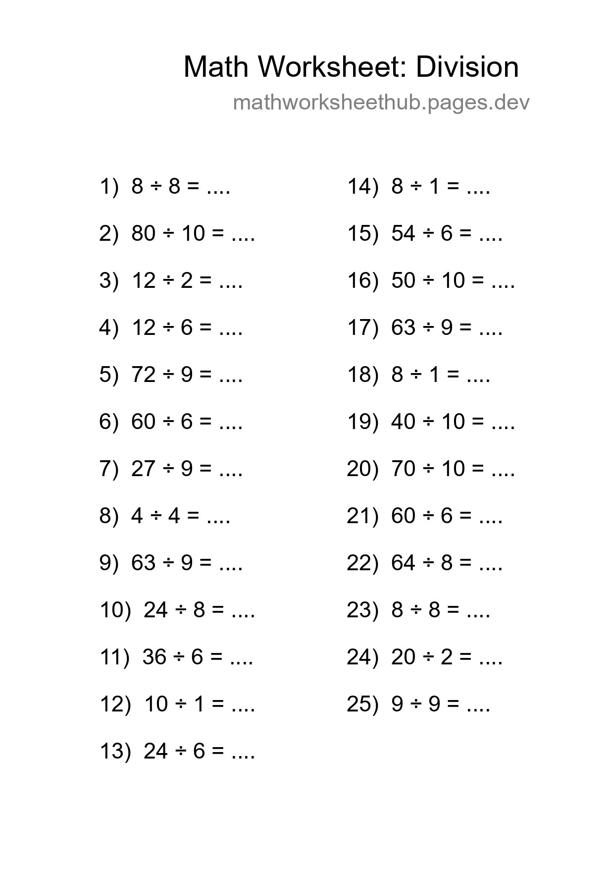 Free 25 Division Math Worksheet For Grade 1 - Part 224