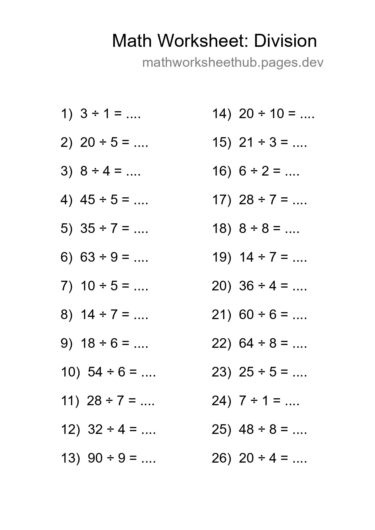 Free 26 Division Math Worksheet For Grade 1 - Part 254