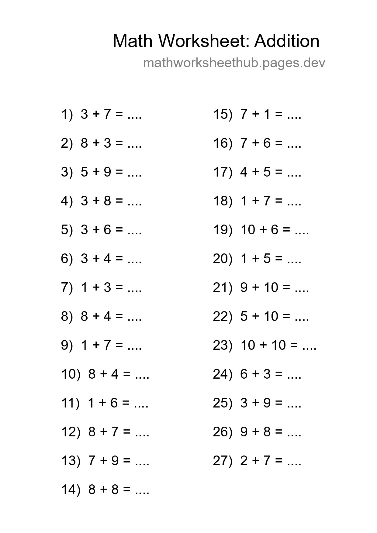 Free 27 Addition Math Worksheet For Grade 1 - Part 31