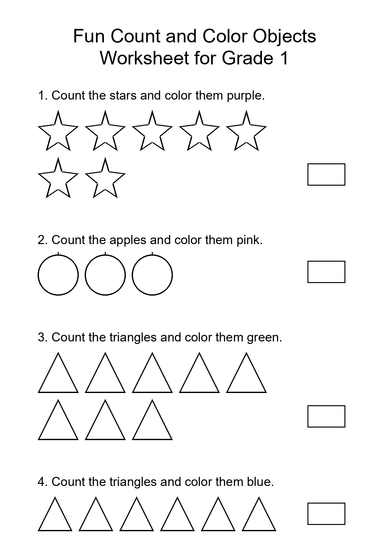 Fun Count and Color Objects Worksheet for Grade 1
