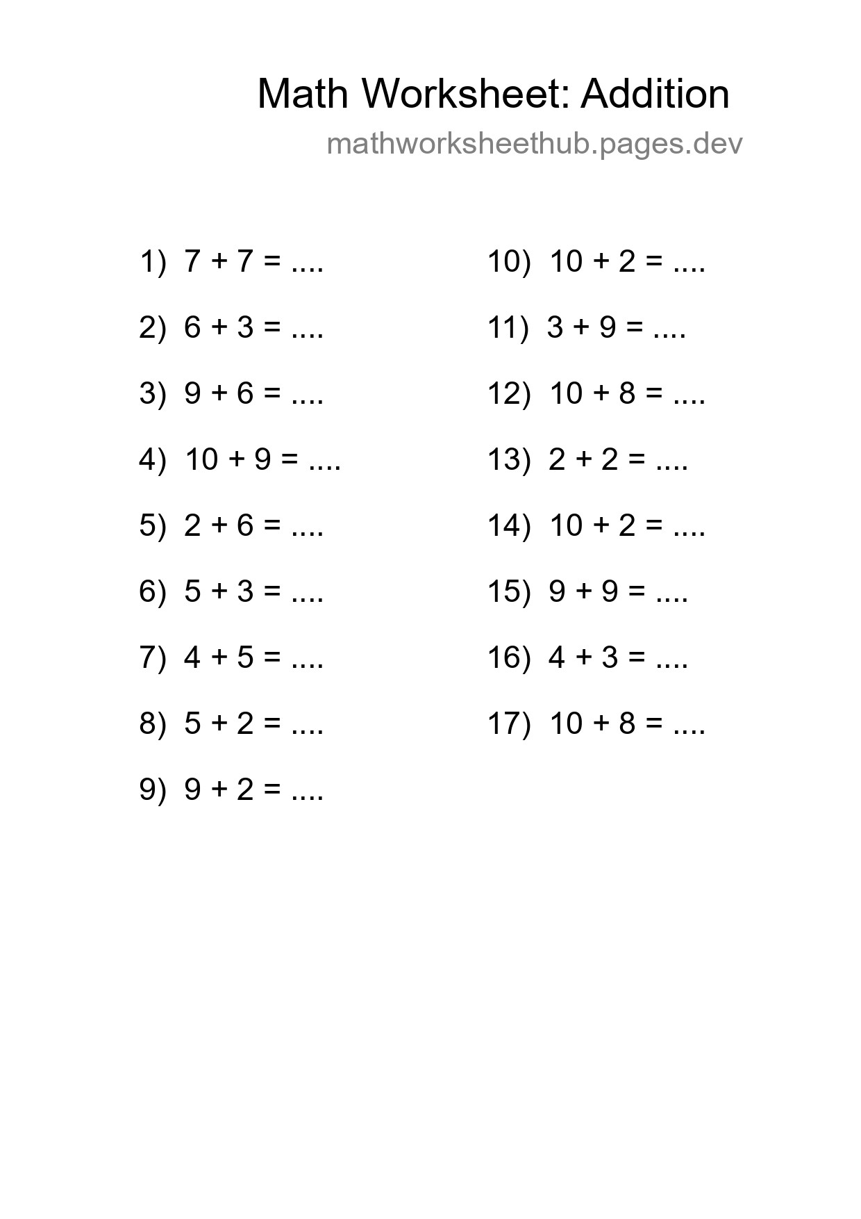 Grade 1 Addition Practice Worksheet (17 Problems) - Part 211
