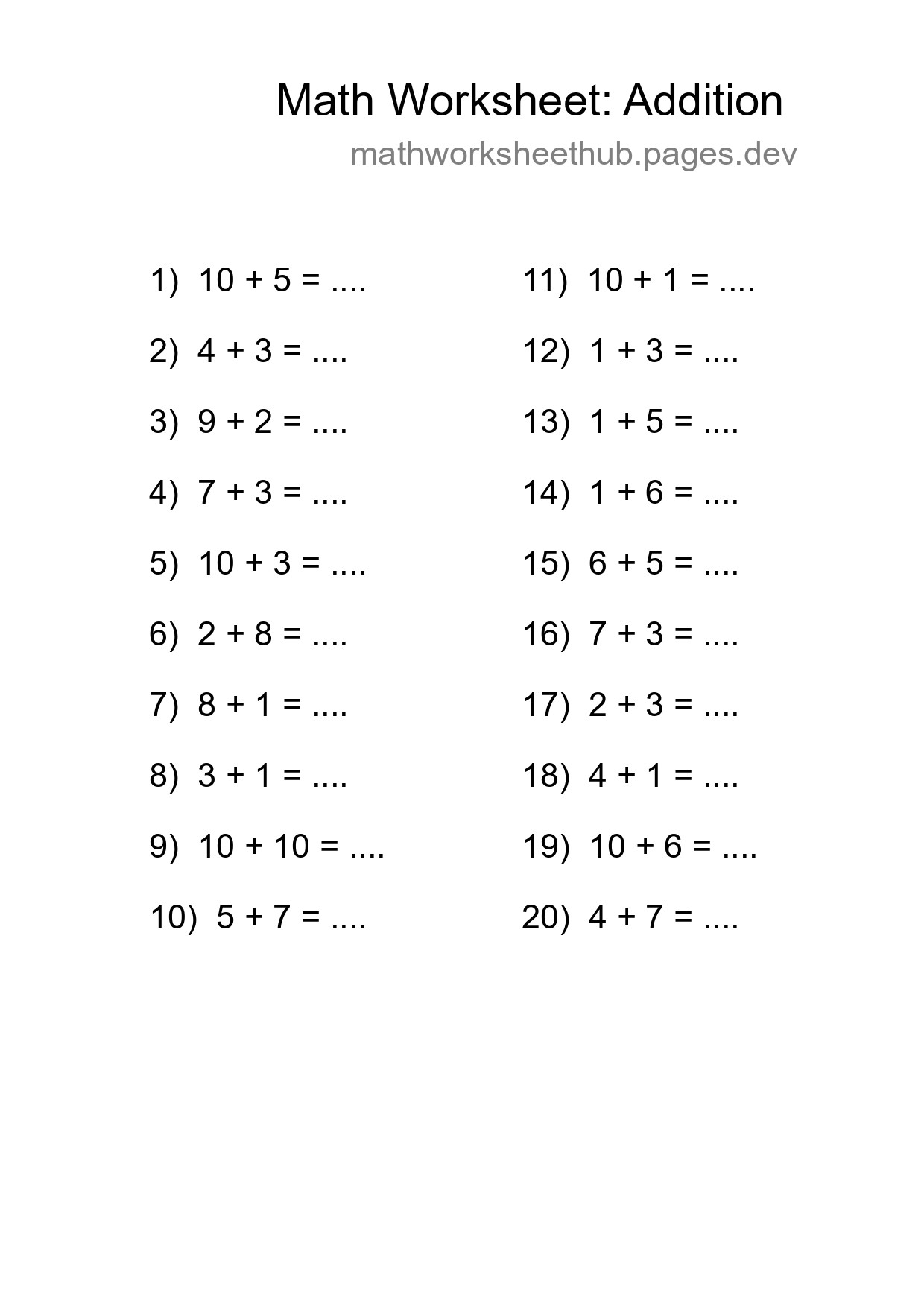 Grade 1 Addition Practice Worksheet (20 Problems) - Part 111