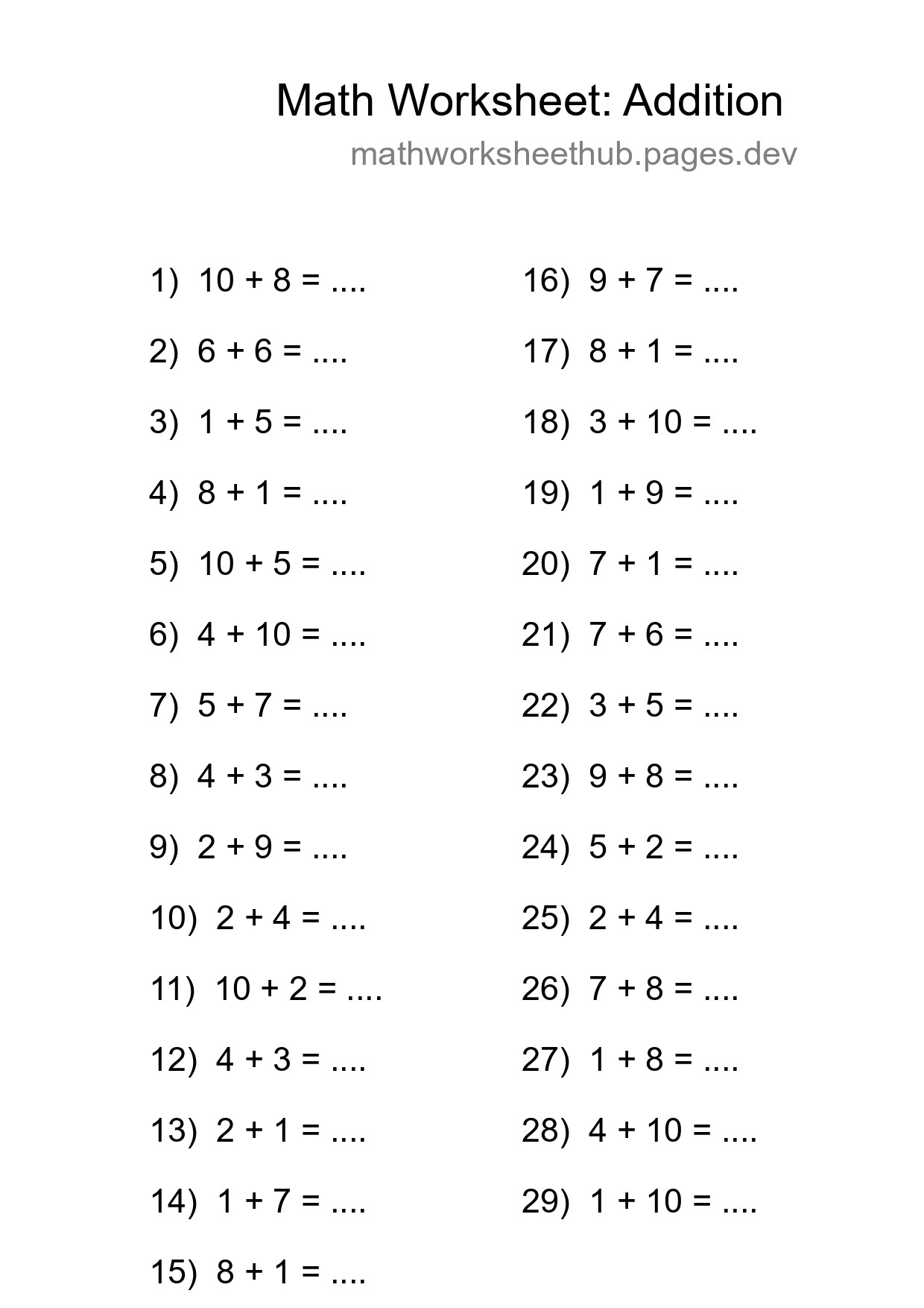 Grade 1 Addition Practice Worksheet (29 Problems) - Part 291