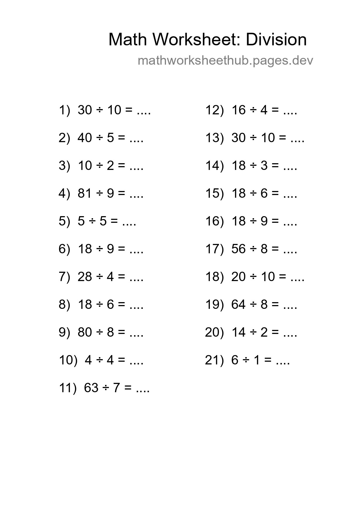Grade 1 Division Practice Worksheet (21 Problems) - Part 114