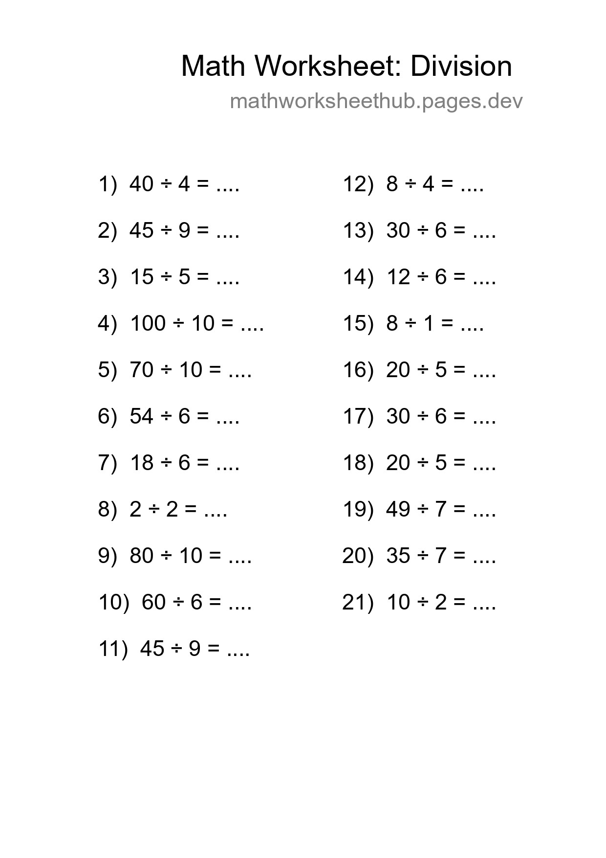 Grade 1 Division Practice Worksheet (21 Problems) - Part 24