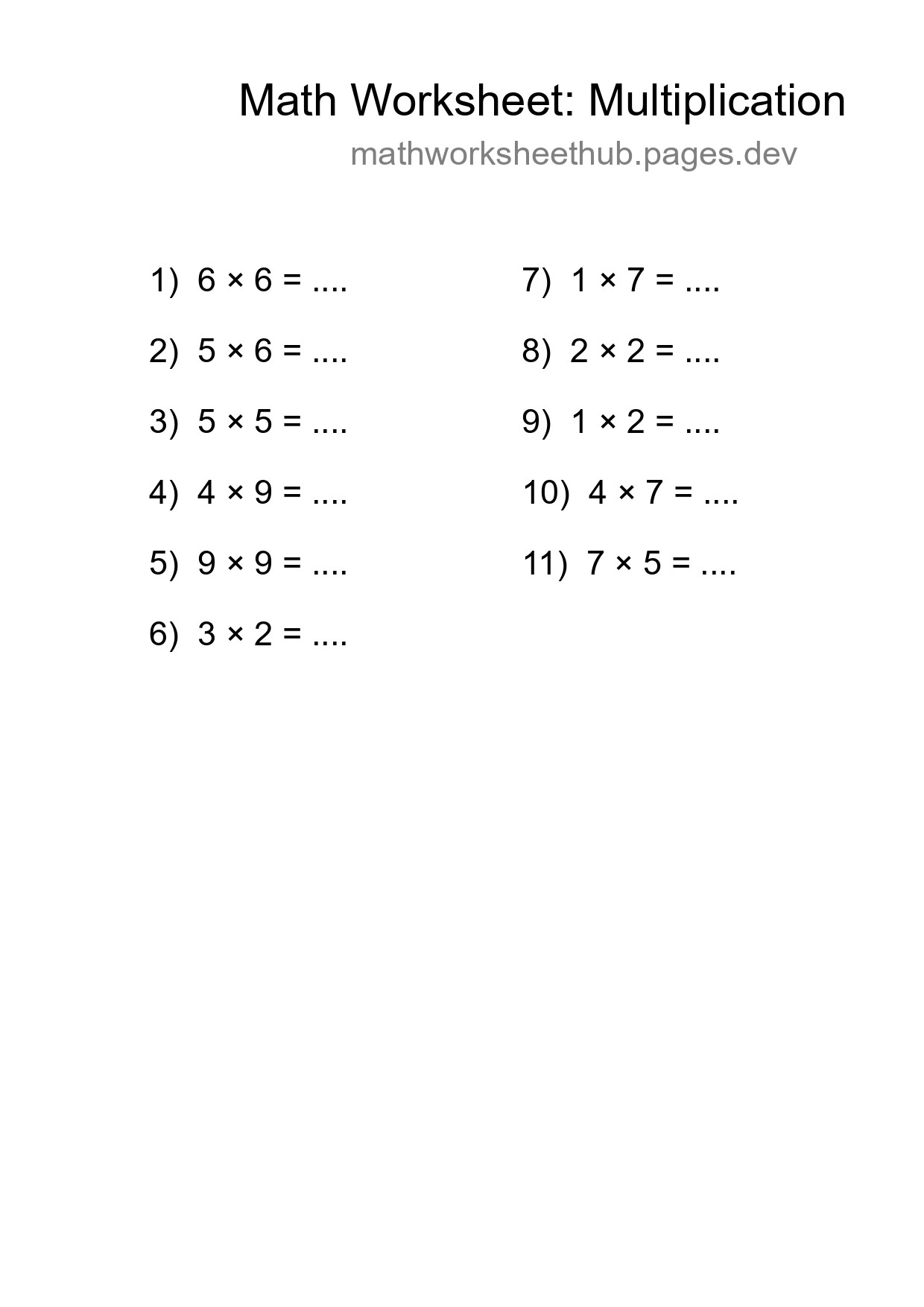 Grade 1 Multiplication Practice Worksheet (11 Problems) - Part 7