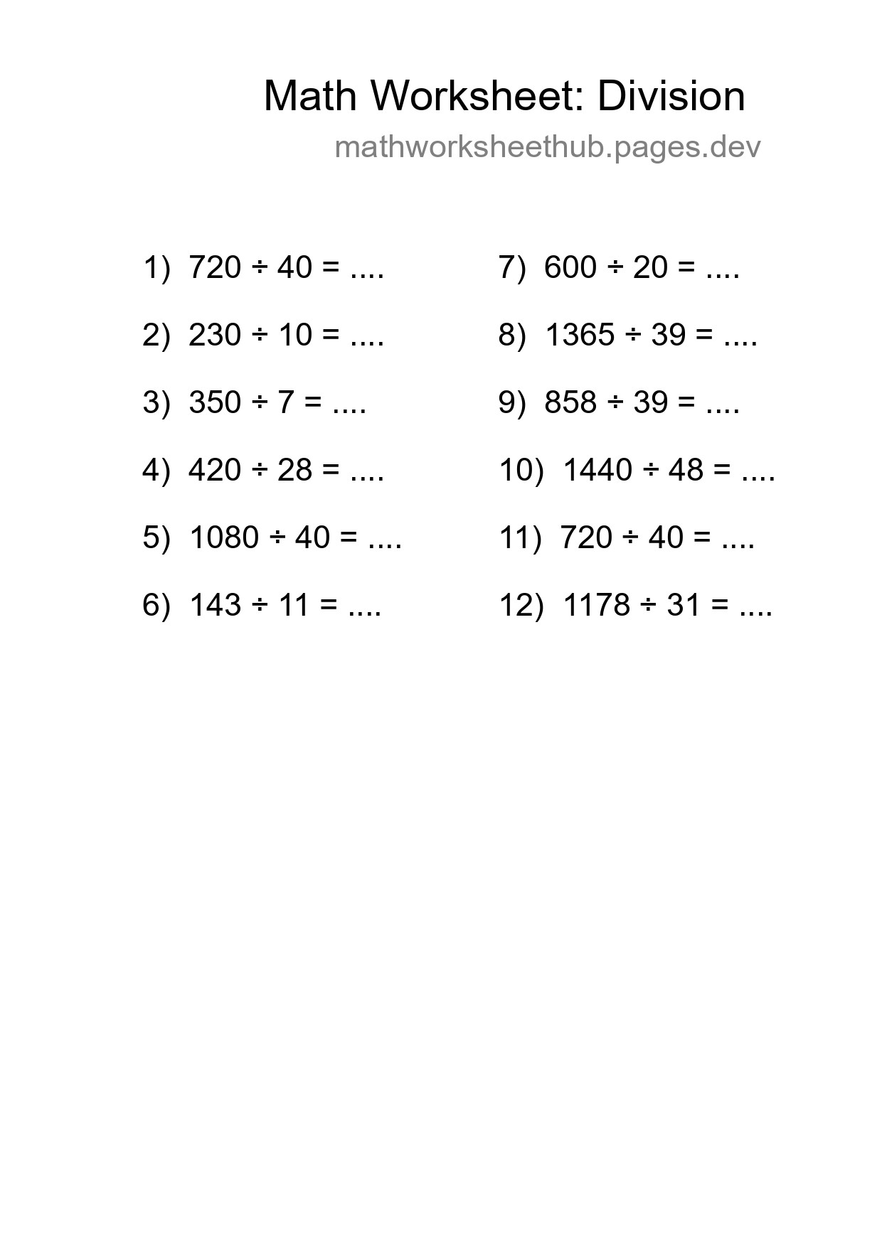 Grade 2 Division Practice Worksheet (12 Problems) - Part 154