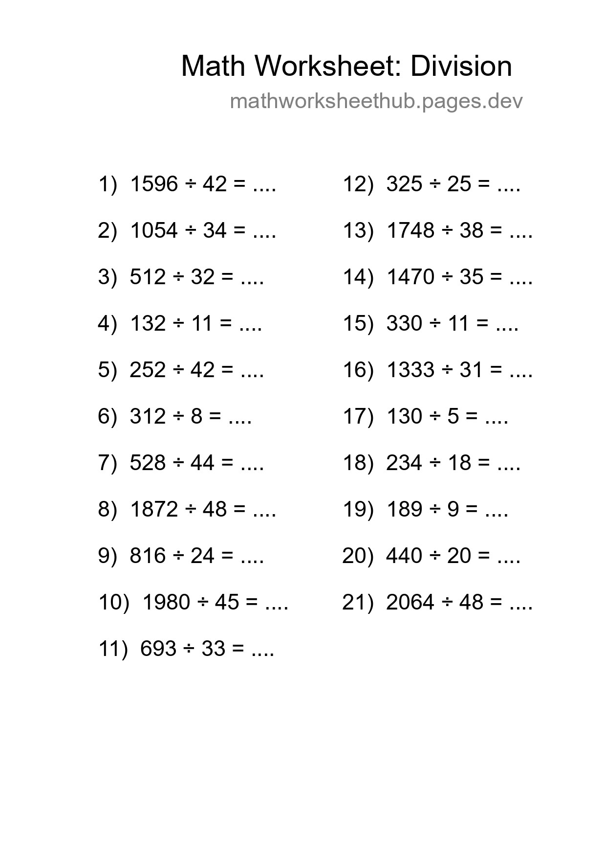 Grade 2 Division Practice Worksheet (21 Problems) - Part 104