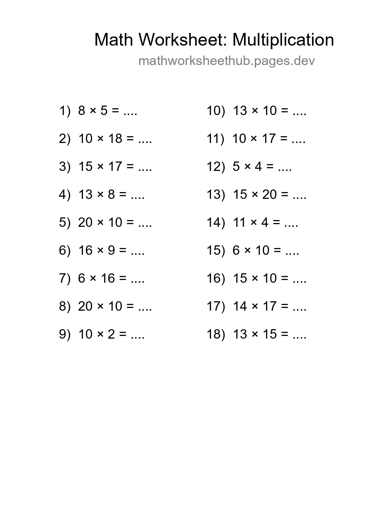 Grade 2 Multiplication Practice Worksheet (18 Problems) - Part 167