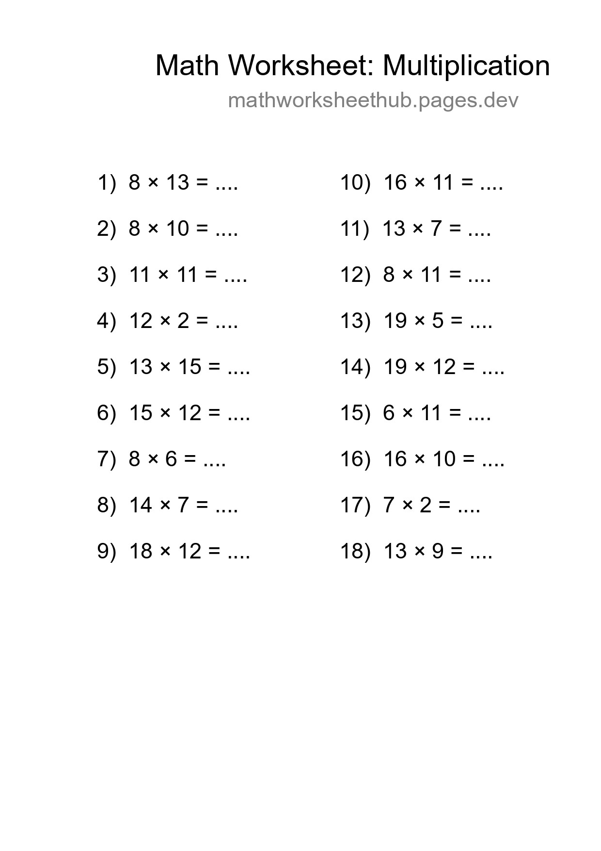 Grade 2 Multiplication Practice Worksheet (18 Problems) - Part 227