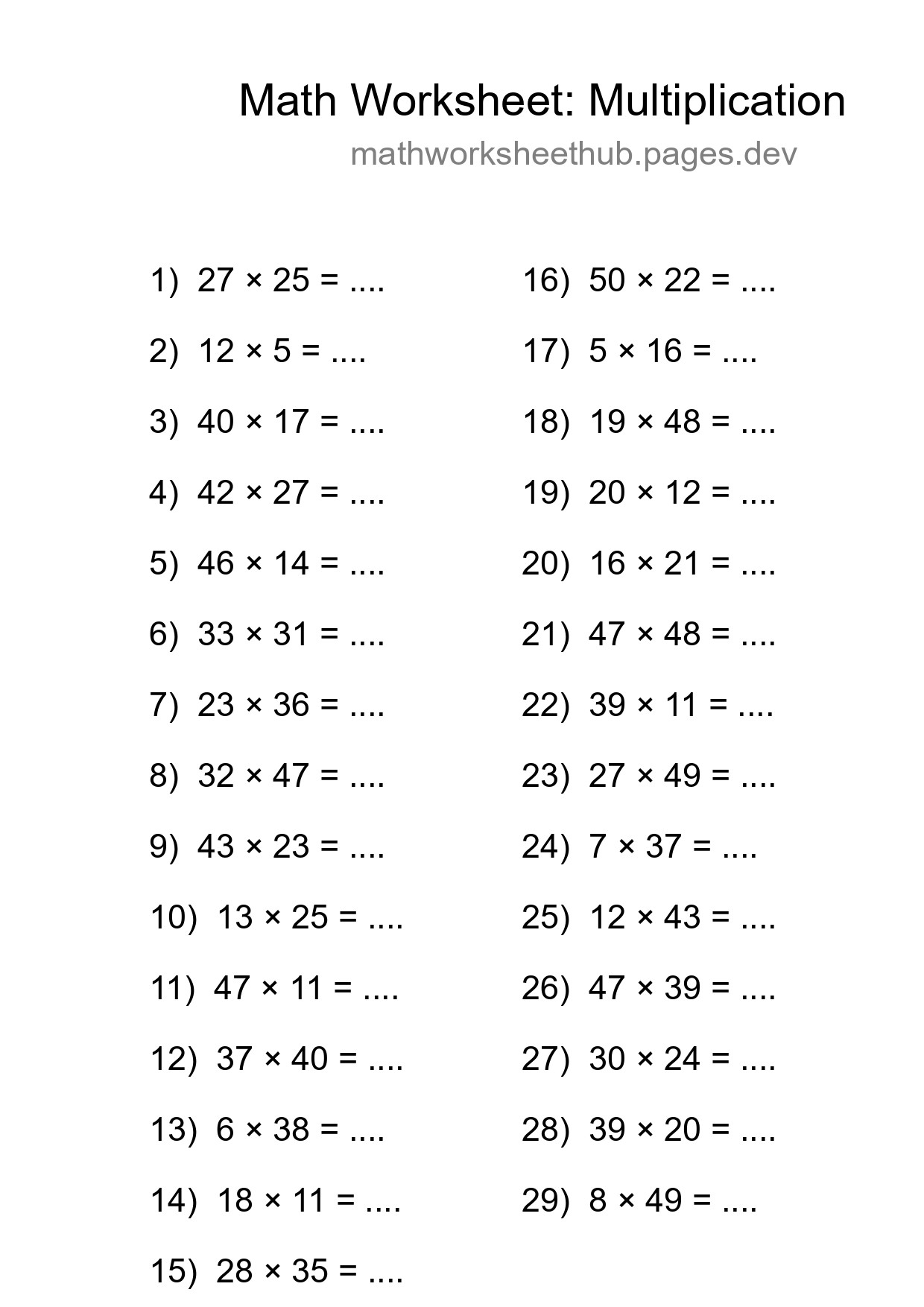 Grade 2 Multiplication Practice Worksheet (29 Problems) - Part 287