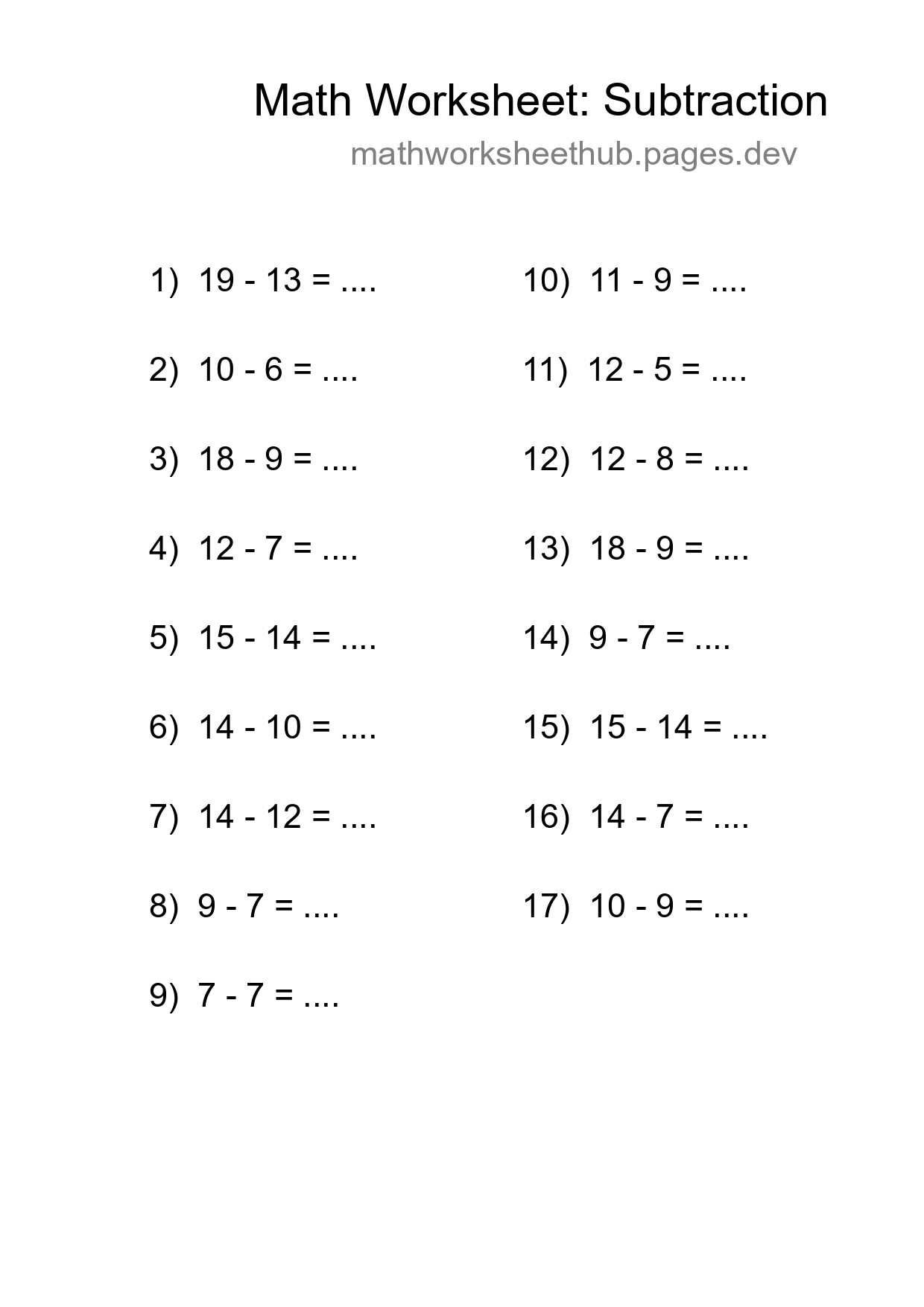 Grade 2 Subtraction Practice Worksheet (17 Problems) - Part 178