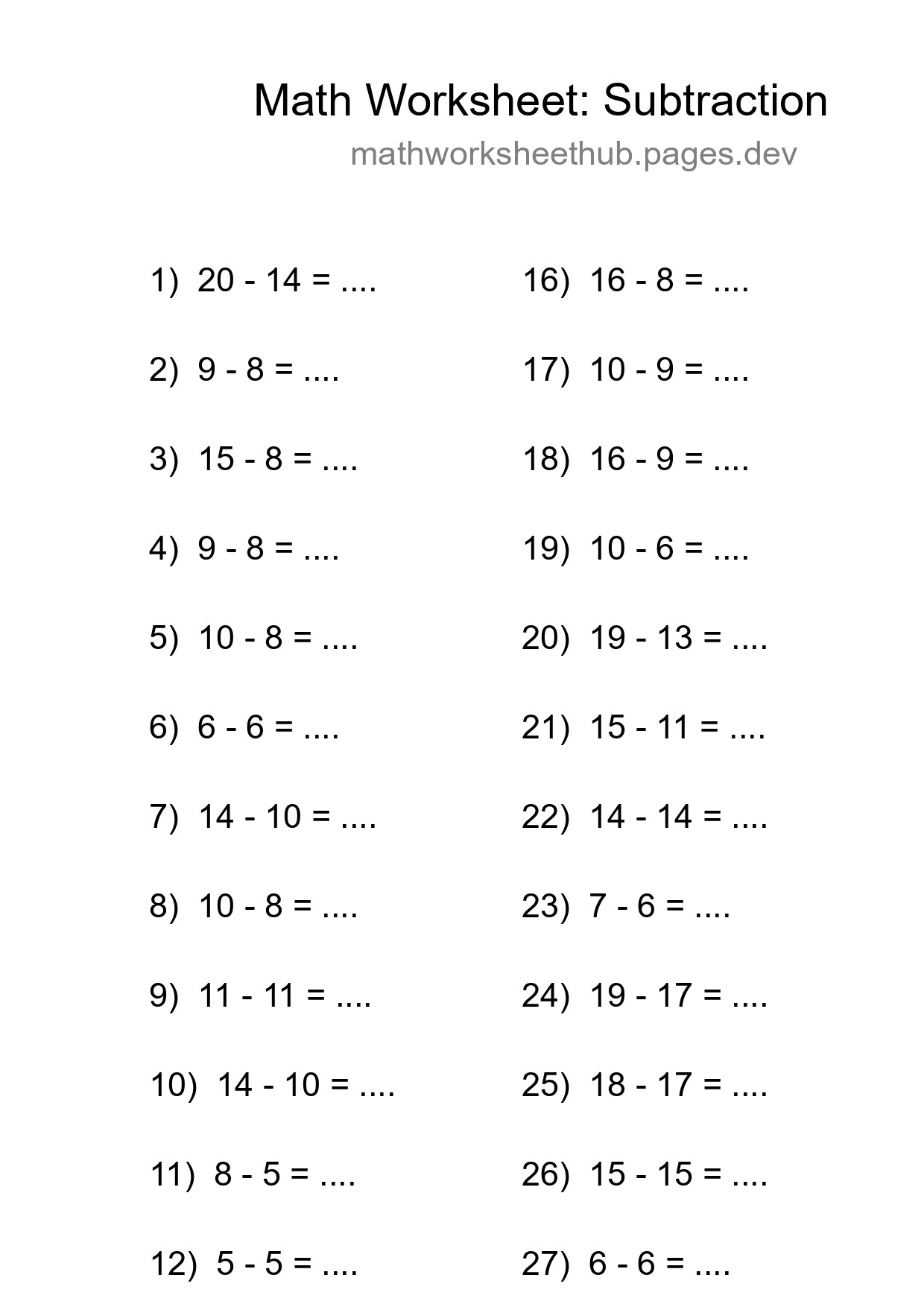 Grade 2 Subtraction Practice Worksheet (29 Problems) - Part 208