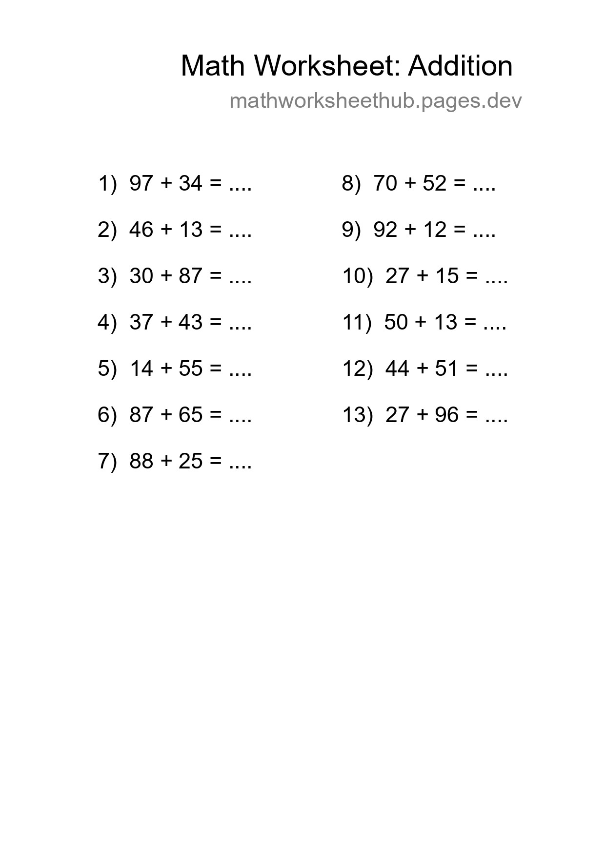 Grade 3 Addition Practice Worksheet (13 Problems) - Part 281