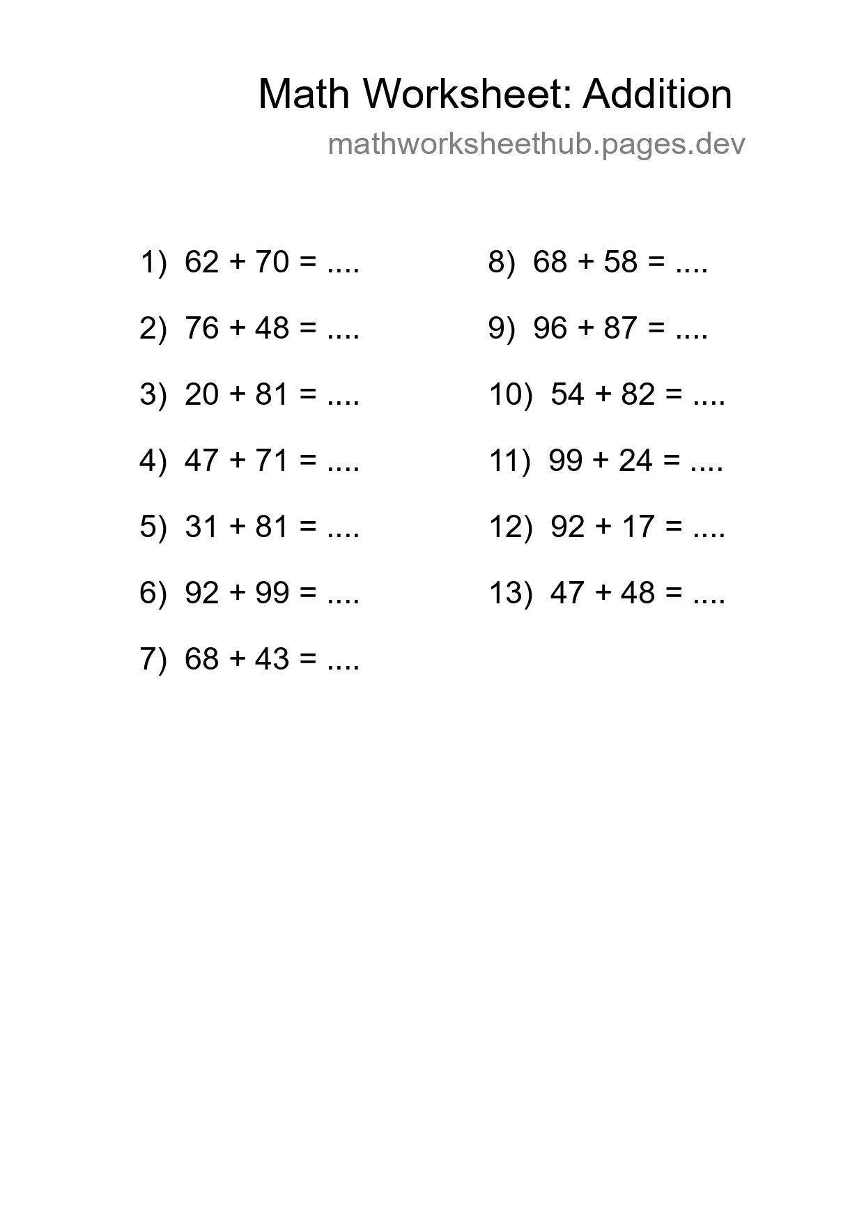 Grade 3 Addition Practice Worksheet (13 Problems) - Part 61