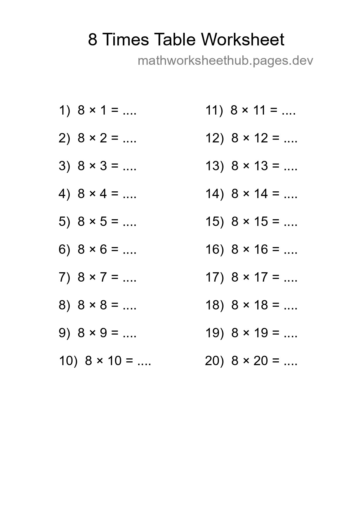 Grade 3 Multiplication Table 8 Practice - Part 139