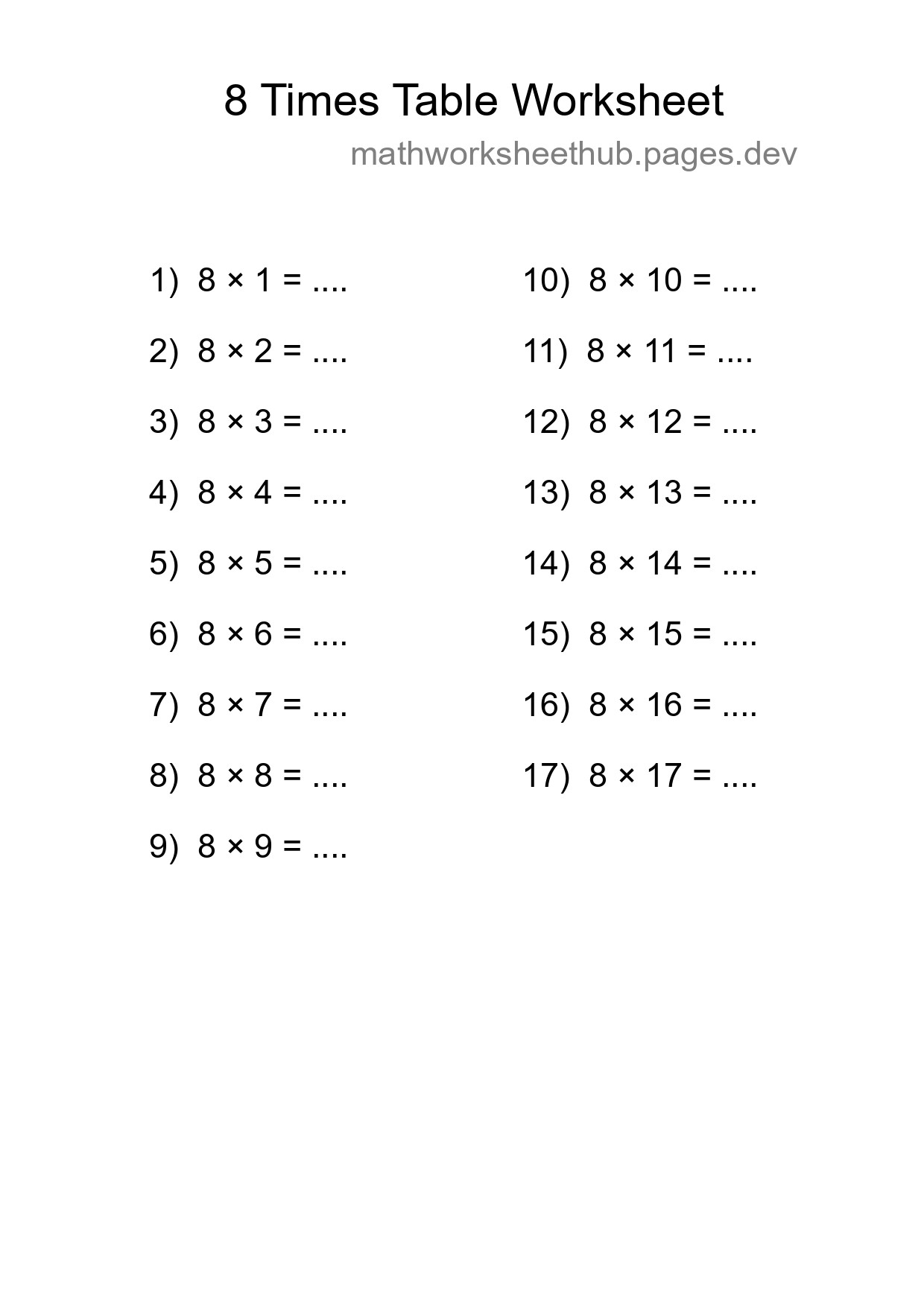 Grade 3 Multiplication Table 8 Practice - Part 49