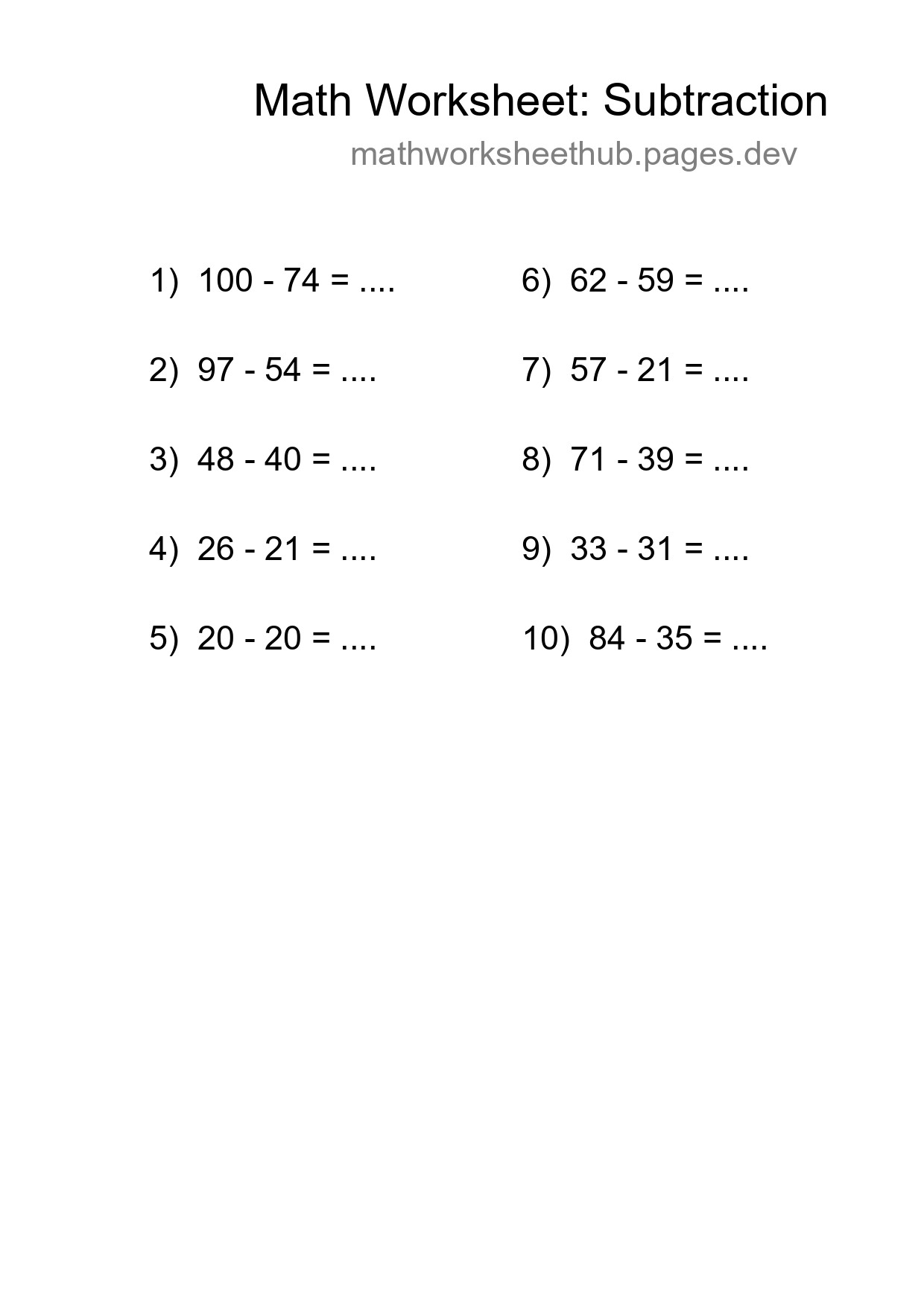 Grade 3 Subtraction Practice Worksheet (10 Problems) - Part 78