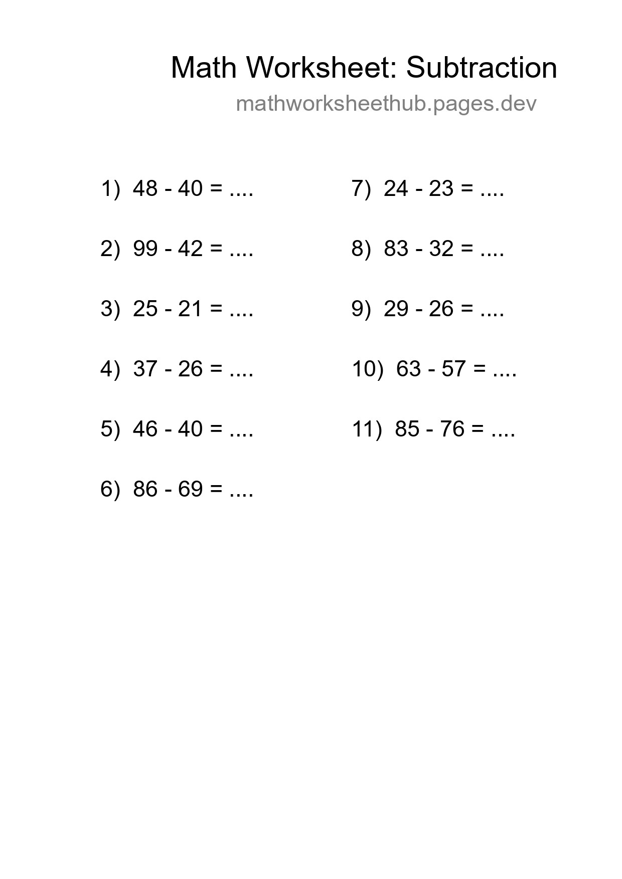 Grade 3 Subtraction Practice Worksheet (11 Problems) - Part 88