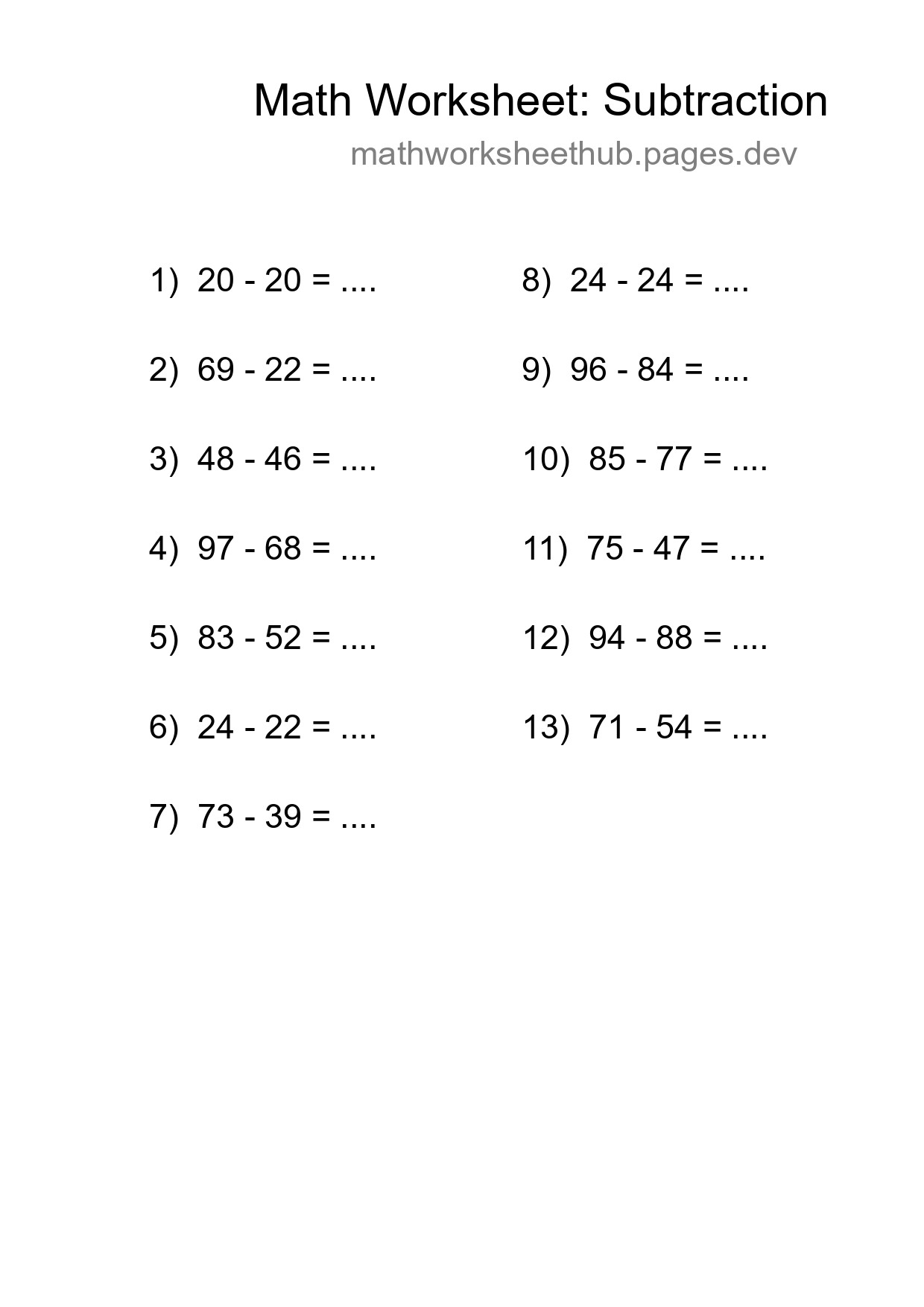 Grade 3 Subtraction Practice Worksheet (13 Problems) - Part 18
