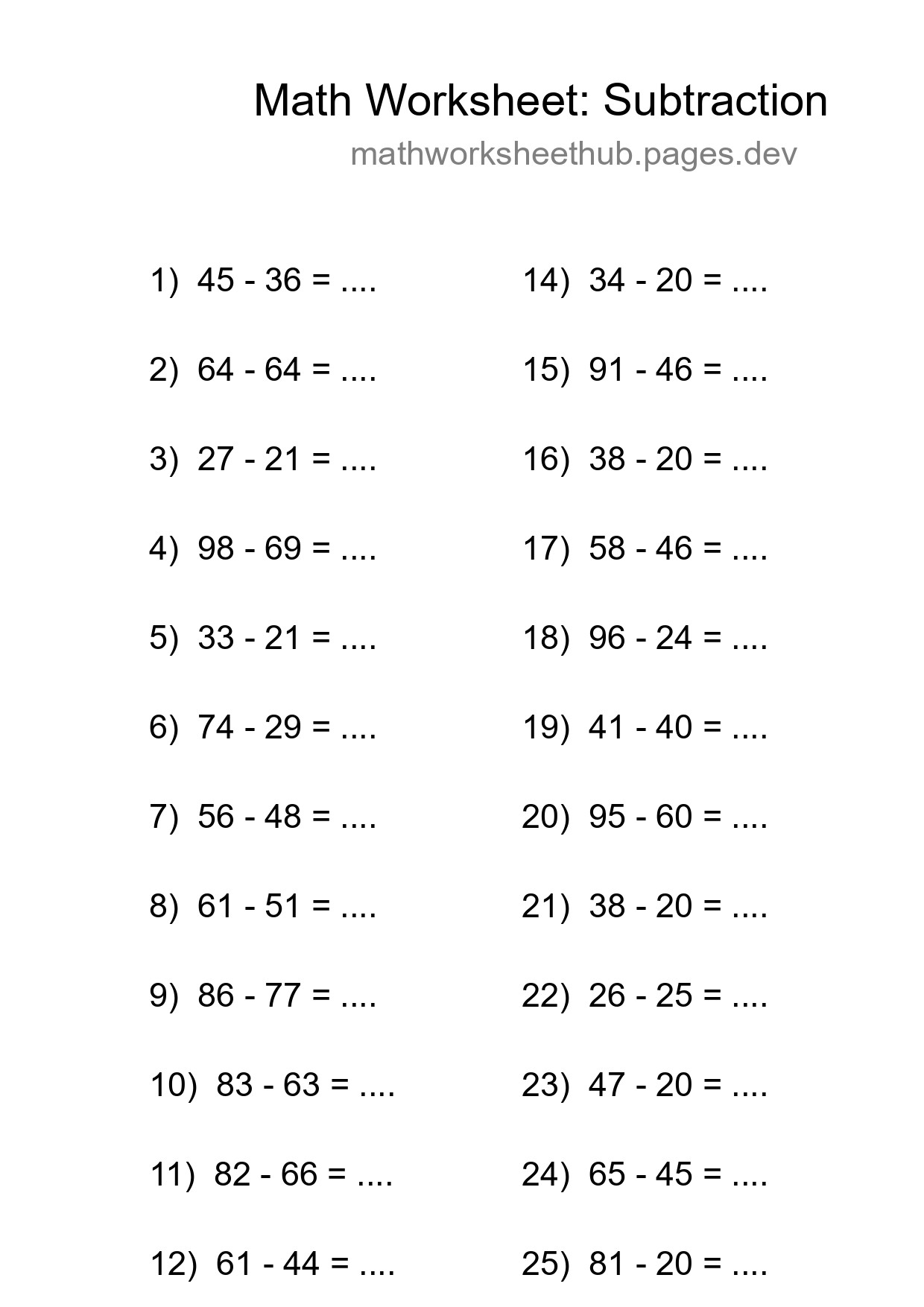 Grade 3 Subtraction Practice Worksheet (25 Problems) - Part 198