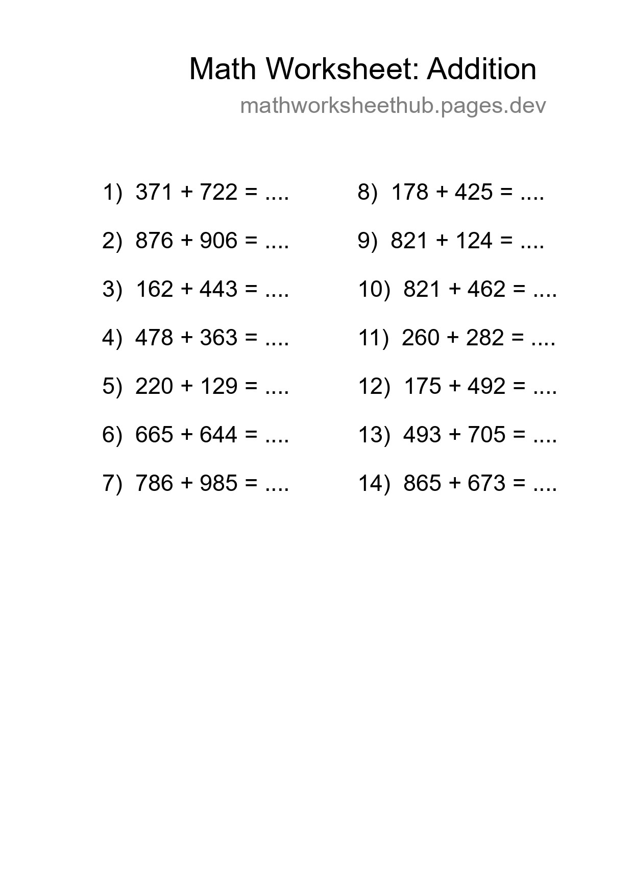 Grade 5 Addition Practice Worksheet (14 Problems) - Part 51