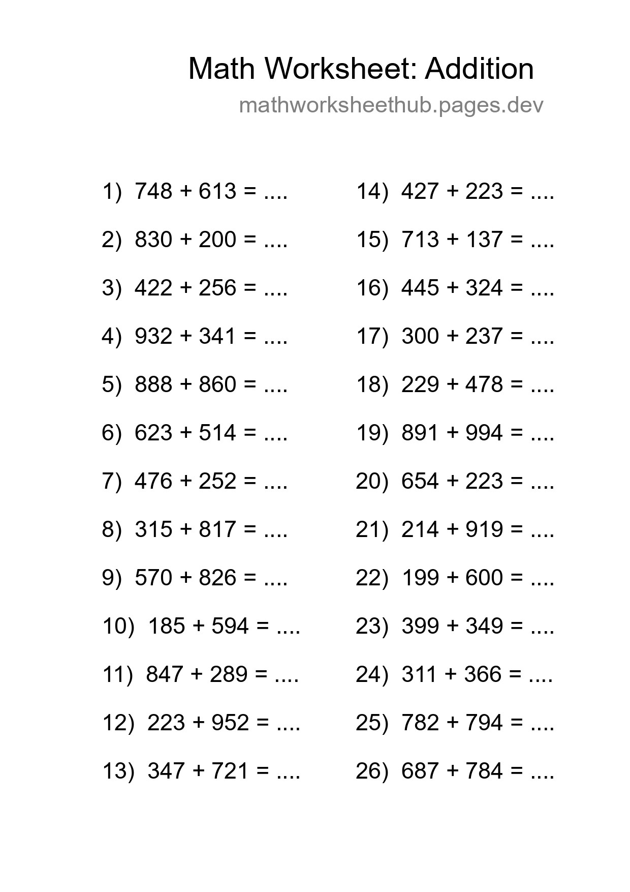 Grade 5 Addition Practice Worksheet (26 Problems) - Part 81