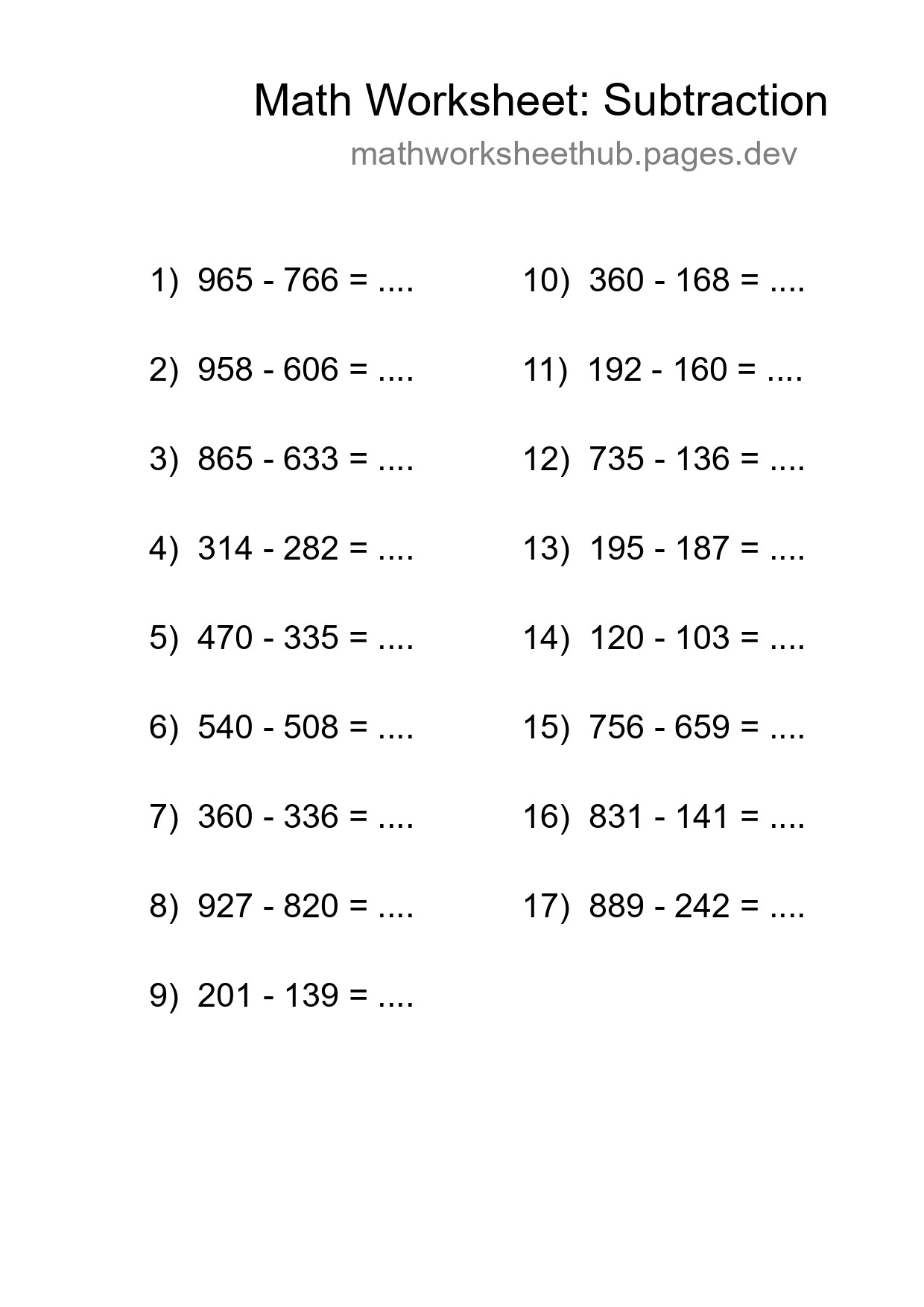 Grade 5 Subtraction Practice Worksheet (17 Problems) - Part 298