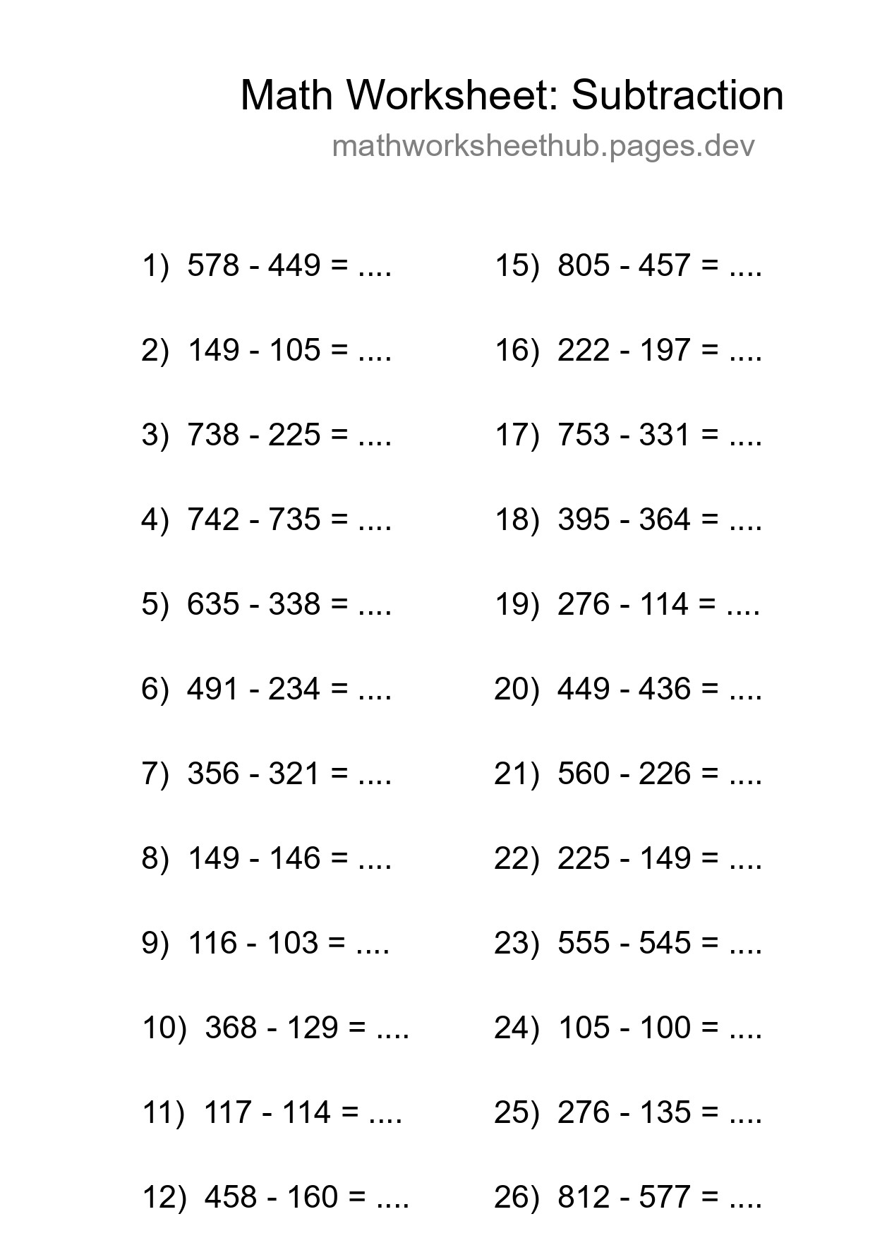 Grade 5 Subtraction Practice Worksheet (27 Problems) - Part 258