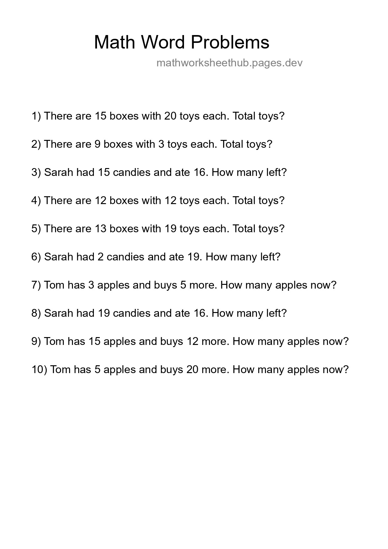 Math Word Problem Worksheet