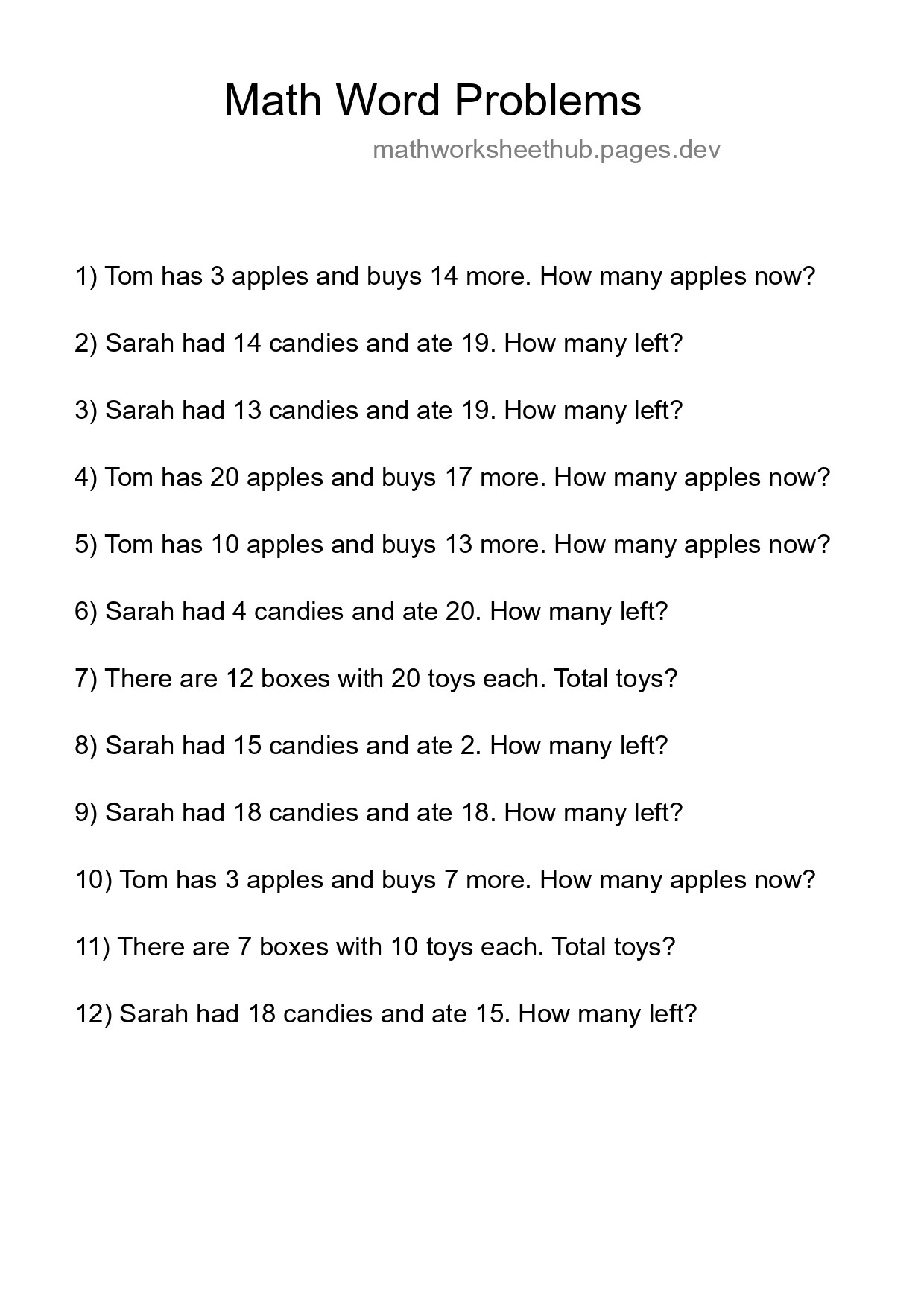 Math Word Problem Worksheet