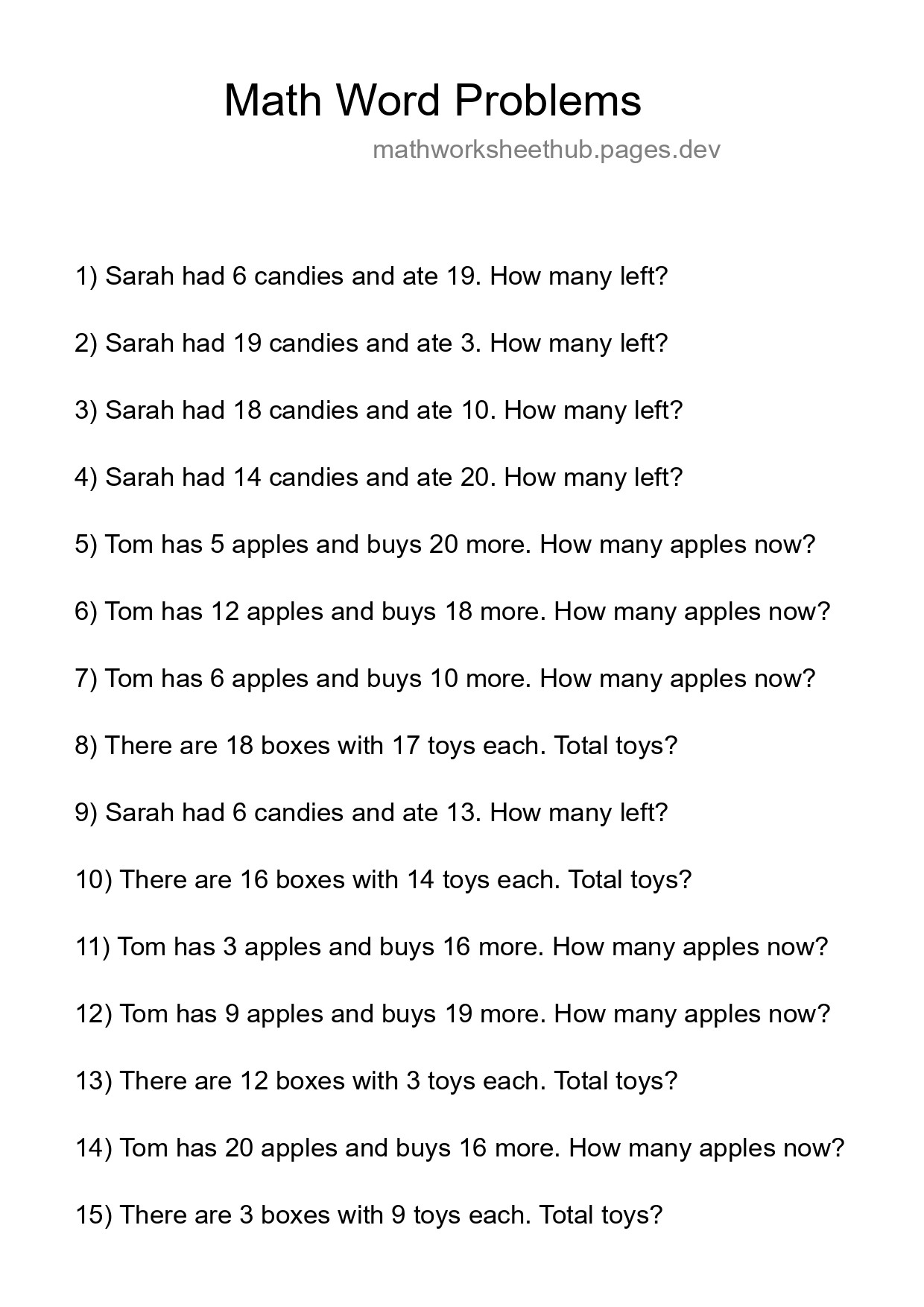 Math Word Problem Worksheet